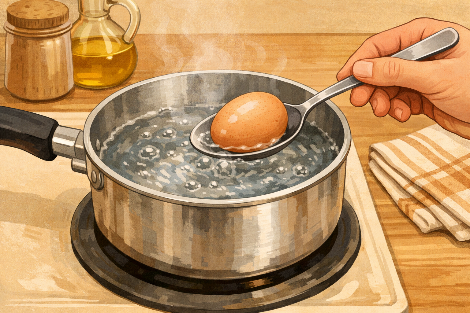 A hand lowering an egg on a spoon into a saucepan of simmering water.