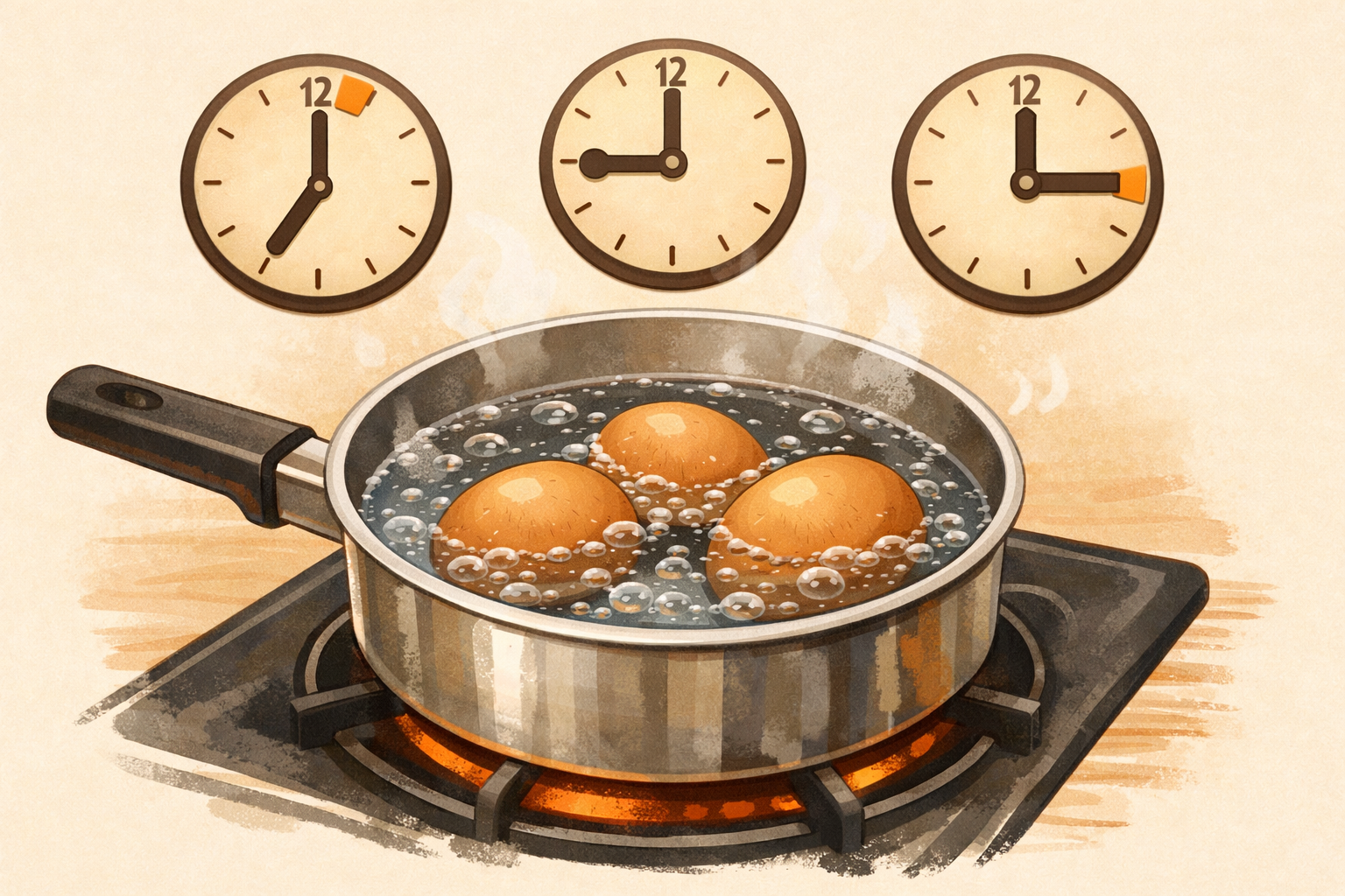Eggs simmering in a pot with an implied sense of different timing levels for doneness.