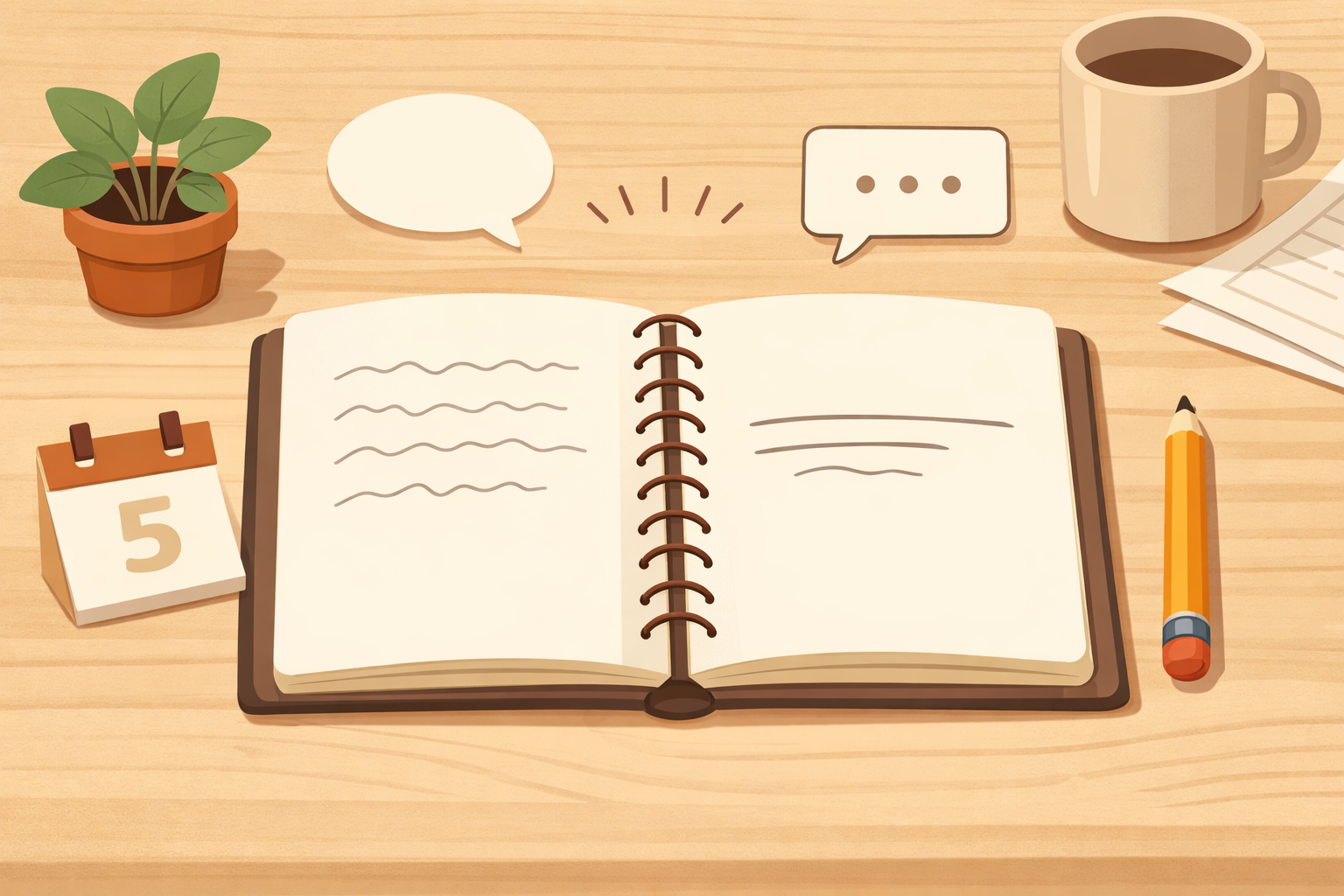 An open notebook on a clean desk with a pencil, a tiny calendar sheet, and abstract speech bubbles hinting at words and sentences.