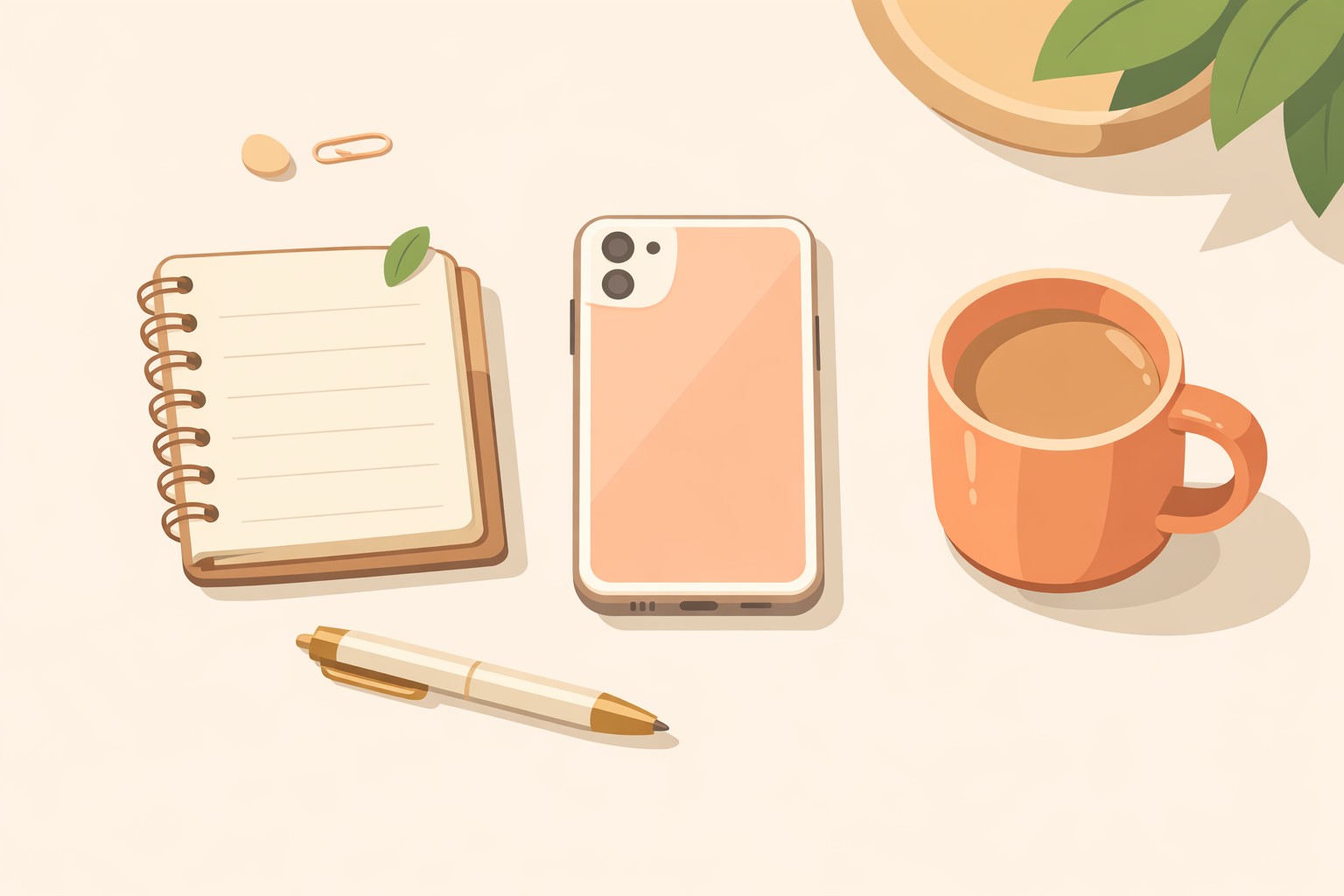 A compact notebook and a phone on a neat desk with a pen and mug, ready for quick writing.