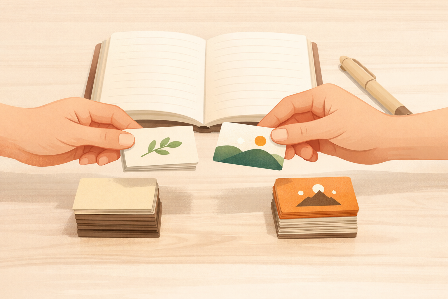 Two small stacks of cards being exchanged next to a notebook, suggesting rotation of frames.