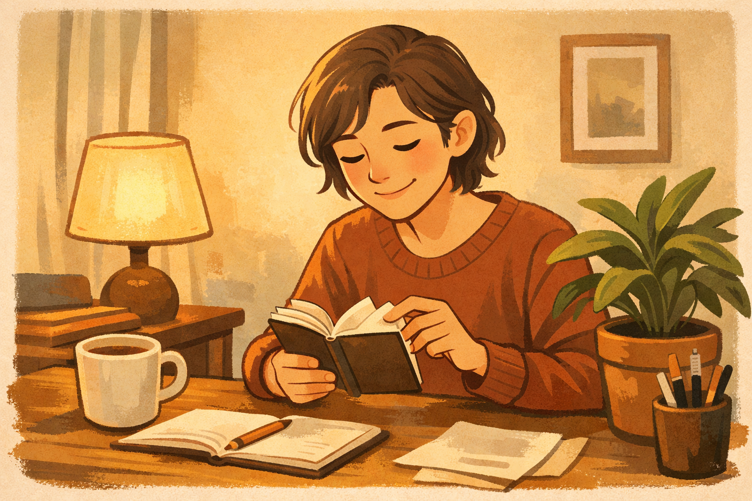 Someone happily paging through a small notebook at a cozy desk with a plant.