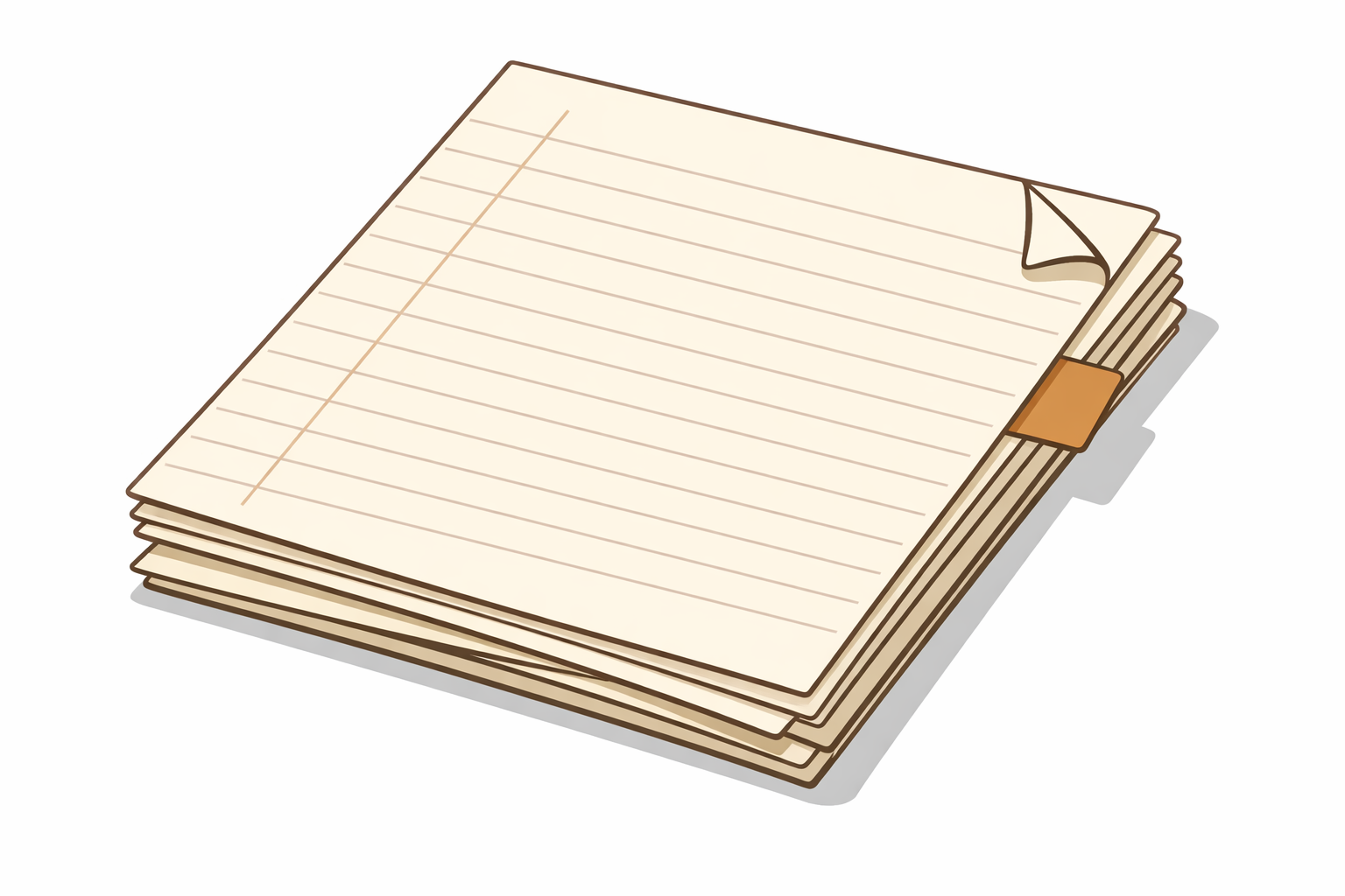 A few notebook pages with folded corners and a small tab marking the current page.