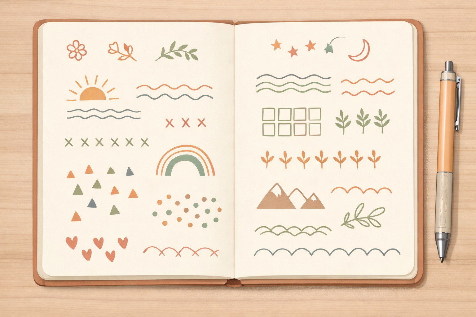 A notebook’s inside cover with abstract lines implying reusable prompts and a pen beside it.