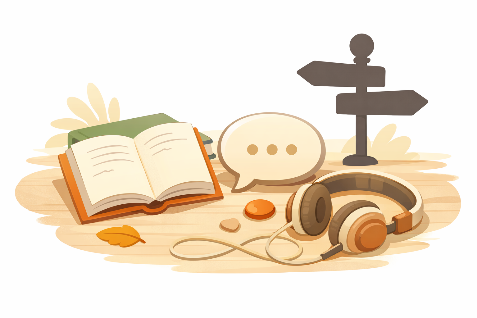 A book, headphones, a speech bubble, and a simple street sign icon suggesting word sources.