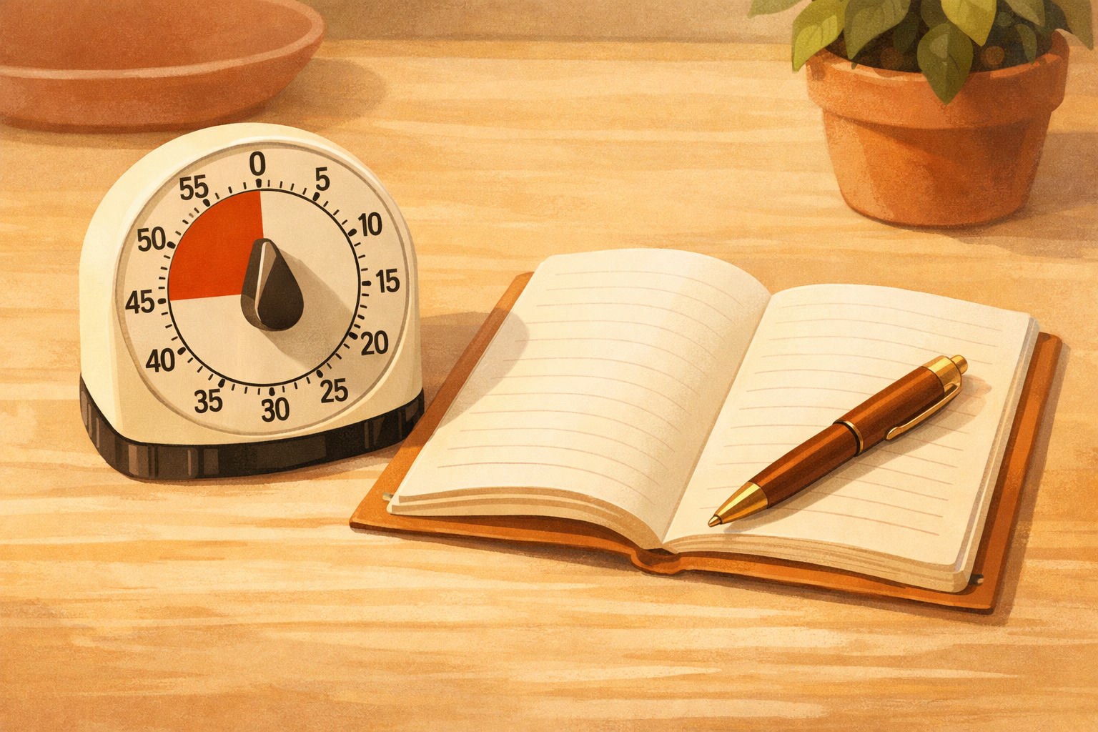 A small timer beside an open notebook and pen, ready for a short session.