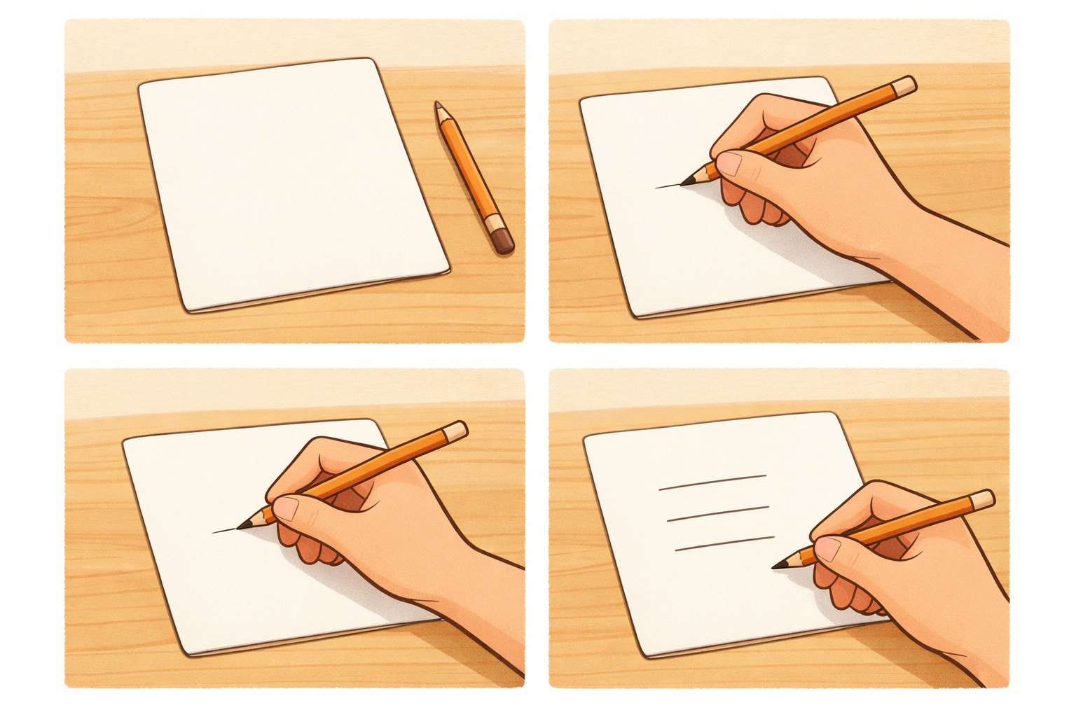 A hand writing on a page with three short lines indicating the three quick actions.