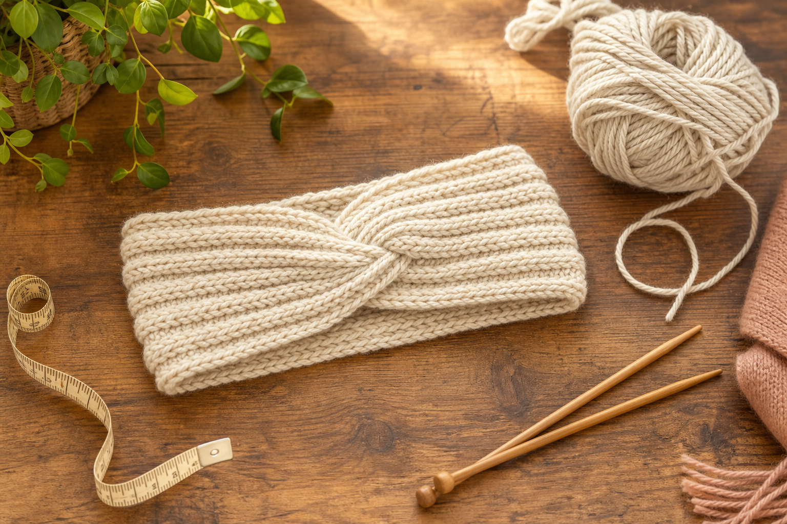 Finished ribbed knit headband laid flat with knitting needles, measuring tape, and a ball of yarn on a wooden surface.