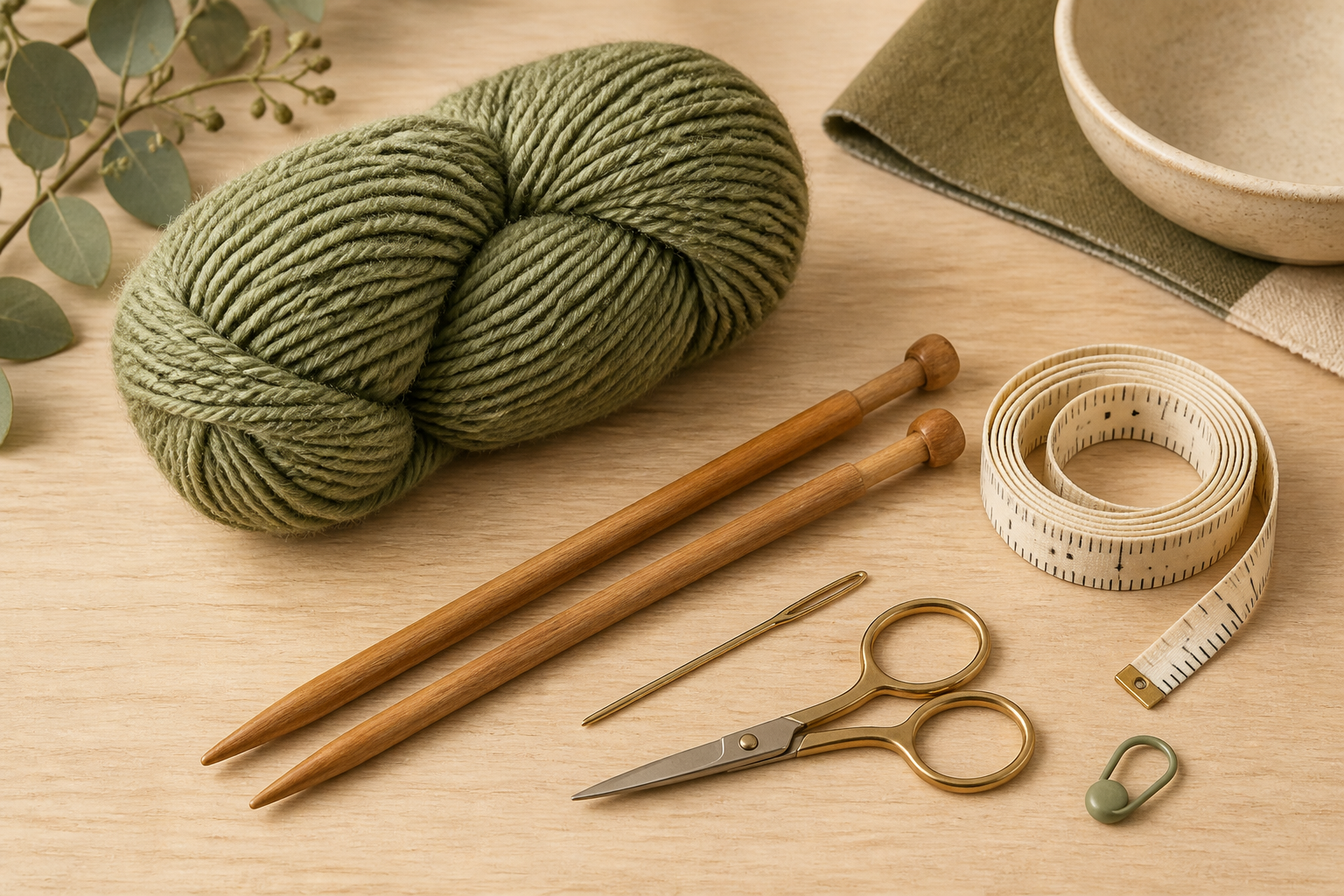Worsted yarn, 5 mm needles, tapestry needle, scissors, measuring tape and stitch marker arranged on a table.