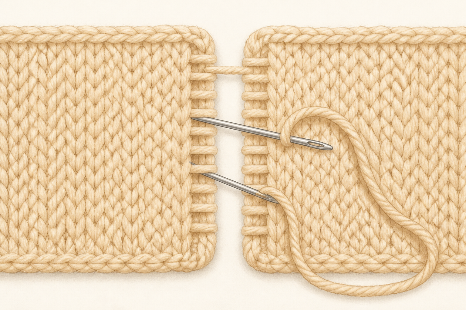 Two short edges of knit fabric being seamed with a tapestry needle using mattress stitch.