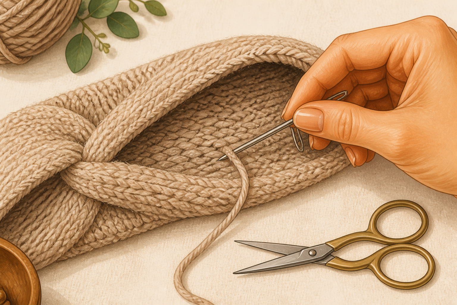 Weaving yarn tail into inside of headband with tapestry needle and scissors beside it.