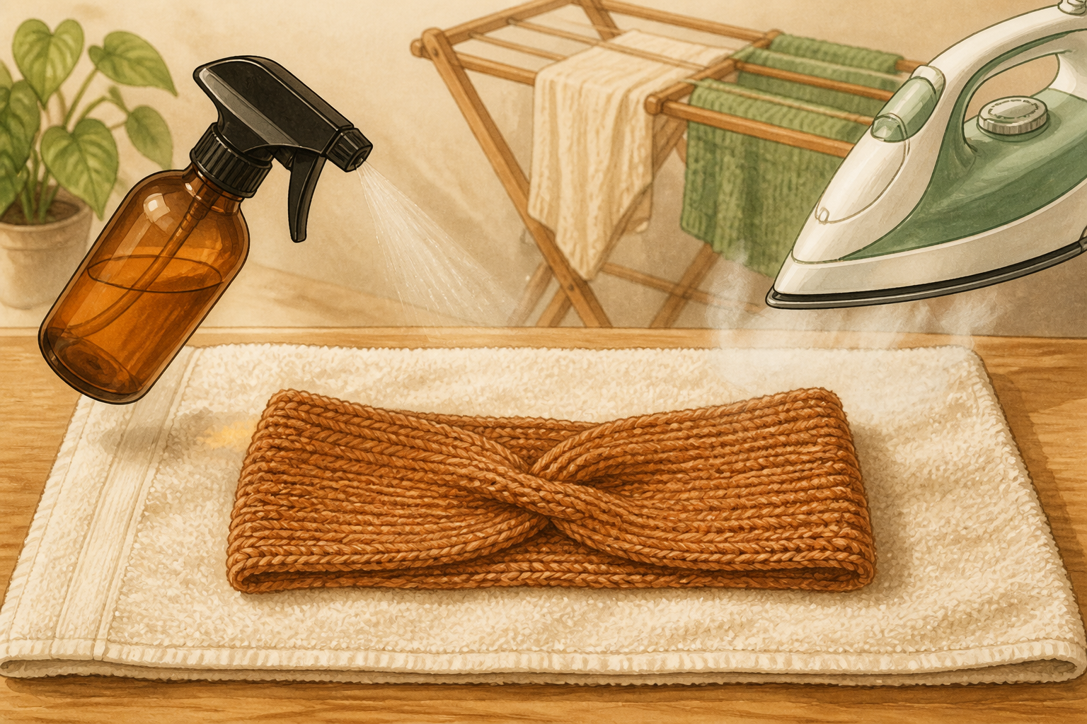 Knitted headband laid flat on towel being gently blocked with steam and left to dry on a rack.