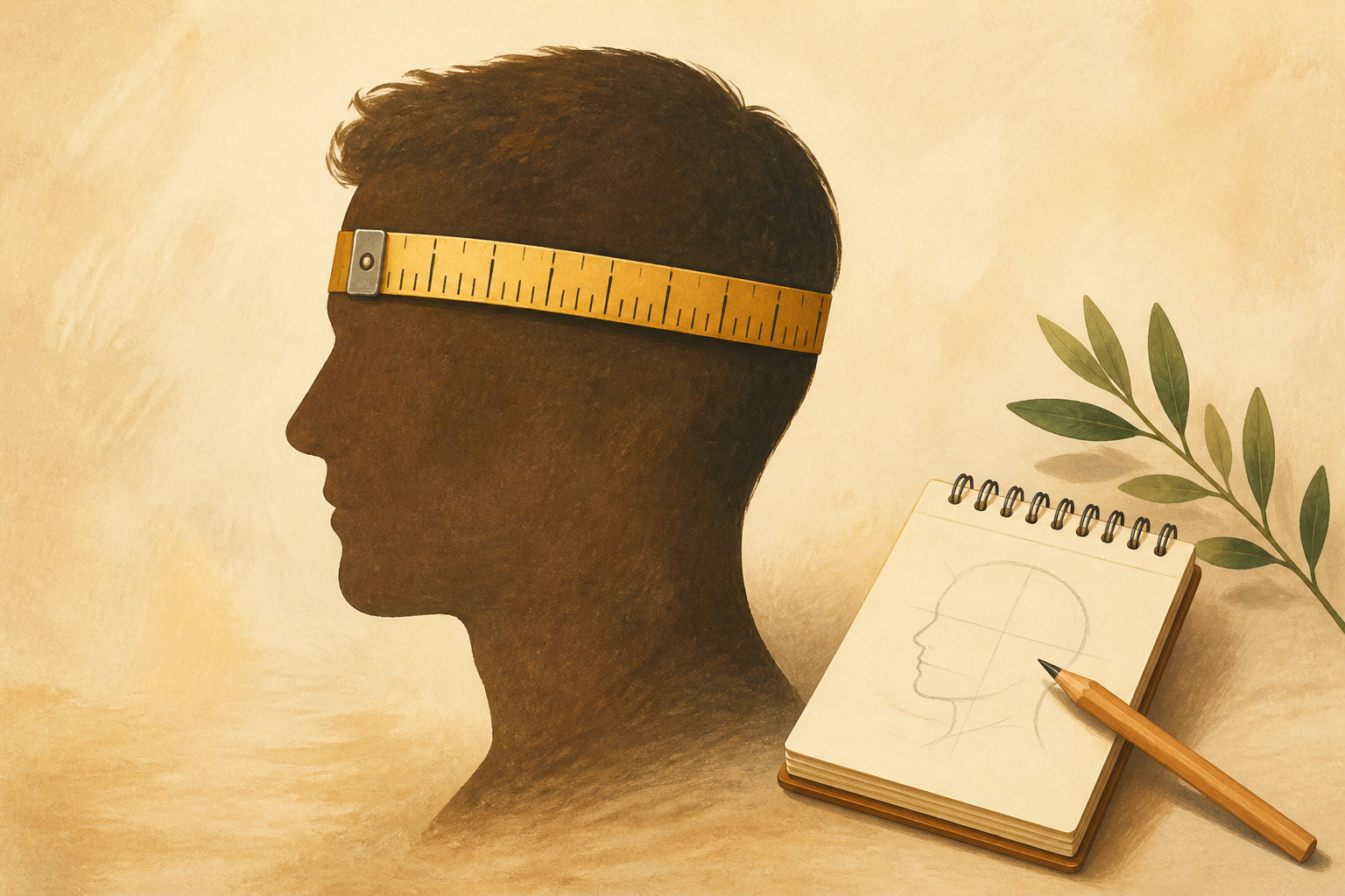 Measuring tape around forehead silhouette with a notepad beside it.