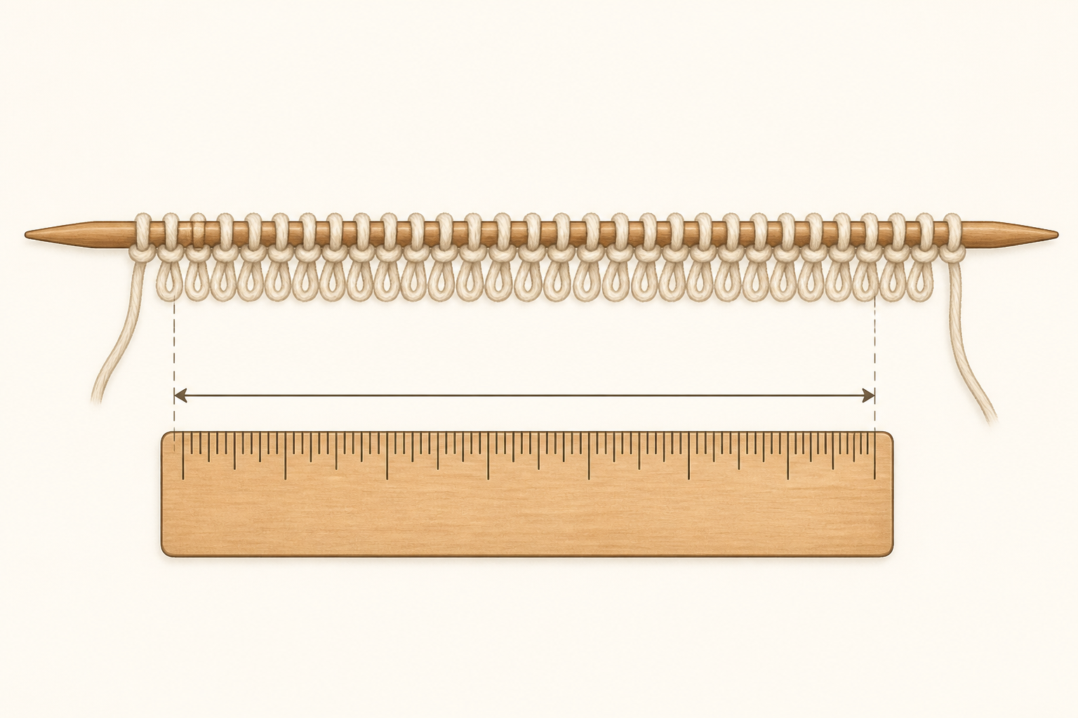 Knitting needle with 24 drawn loops and ruler showing about 4 inches width.