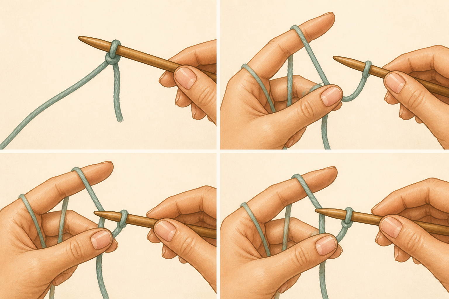 Hands demonstrating long-tail cast-on with needle and yarn forming thumb and index loops.