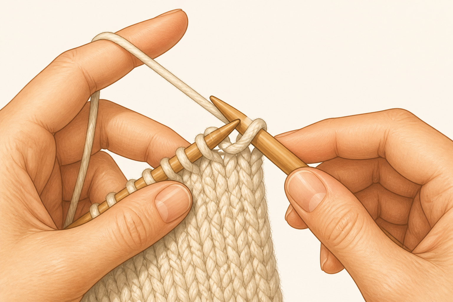 Hands forming a knit stitch with yarn wrapped and a new loop pulled through.