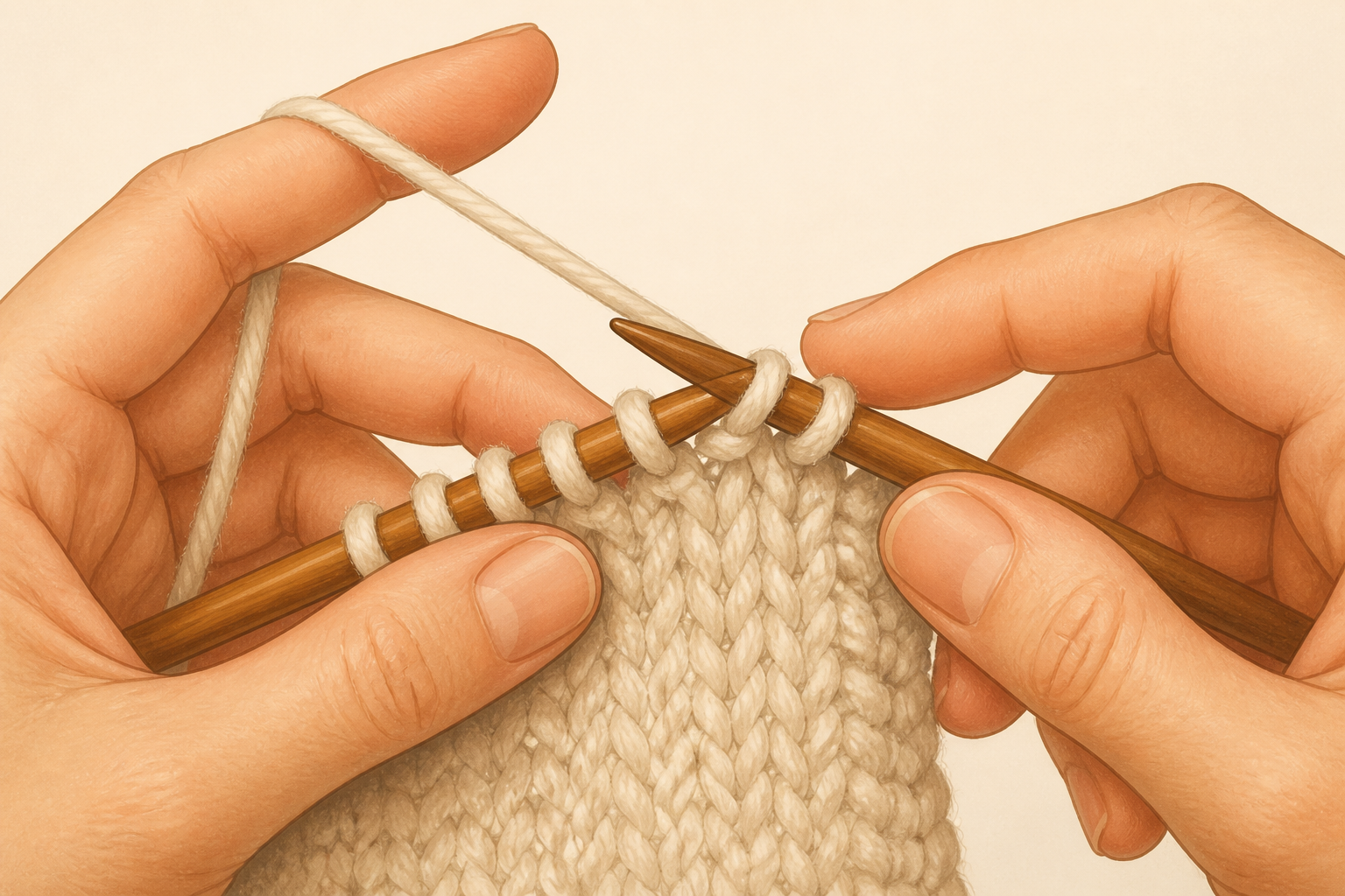 Hands forming a purl stitch with yarn in front and a new loop on the right needle.