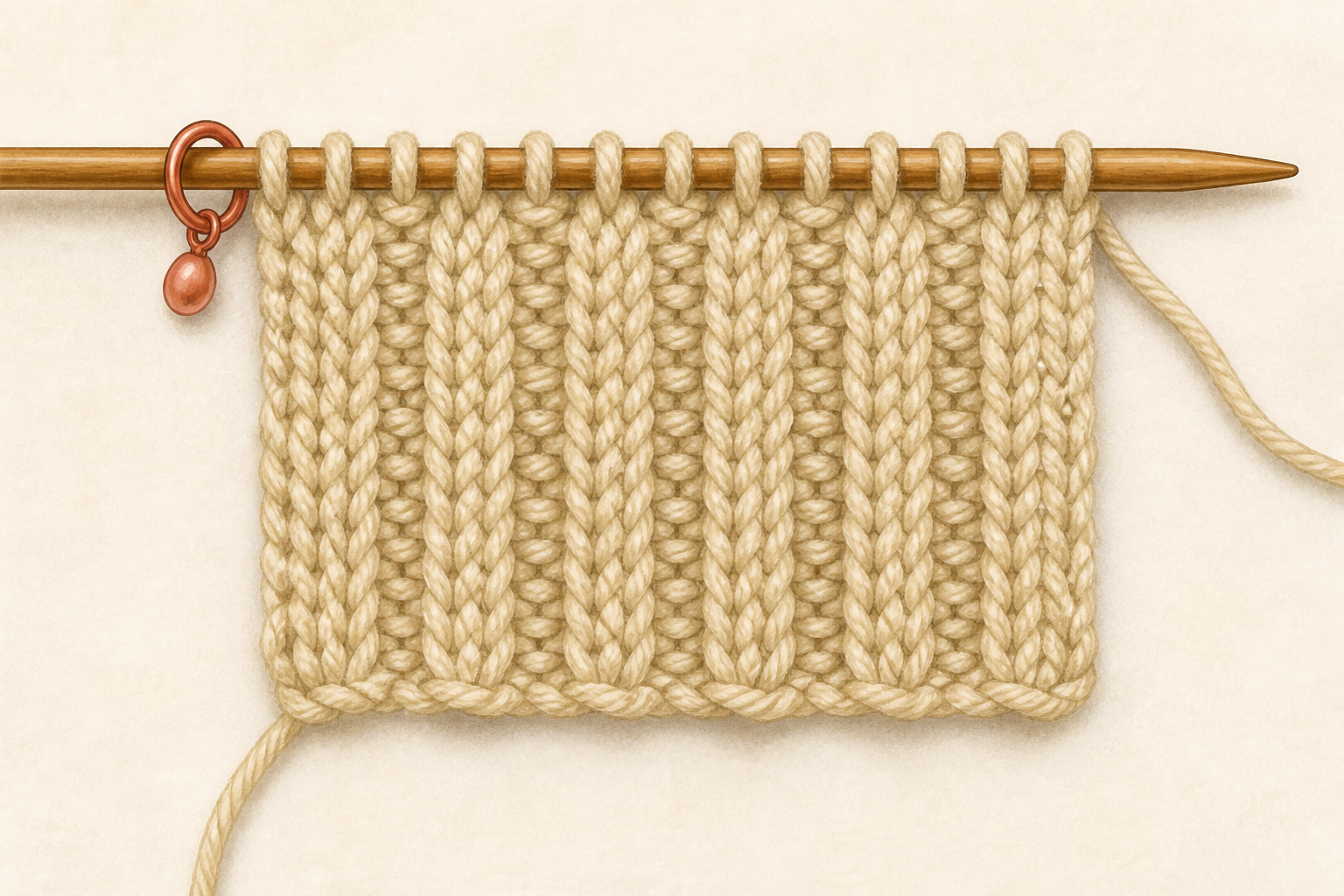 Overhead view of ribbing swatch on needles with alternating knit and purl columns.