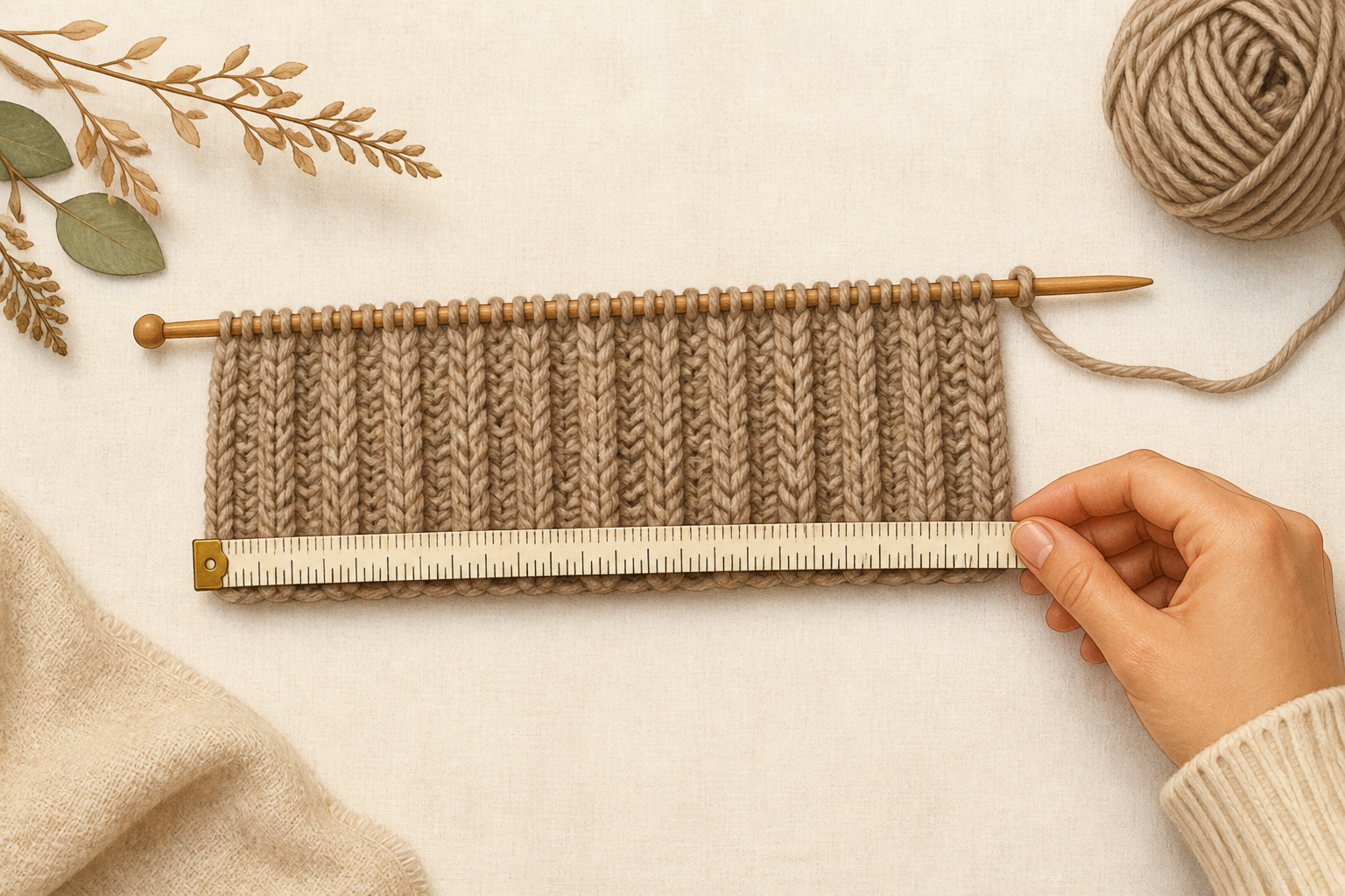 Partially knitted headband on table with measuring tape checking length.