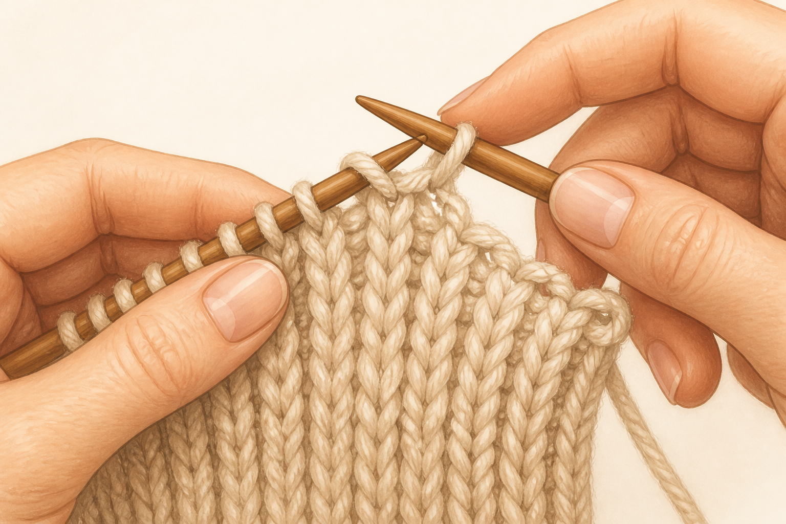 Hands performing bind-off in rib pattern, lifting a stitch over another.