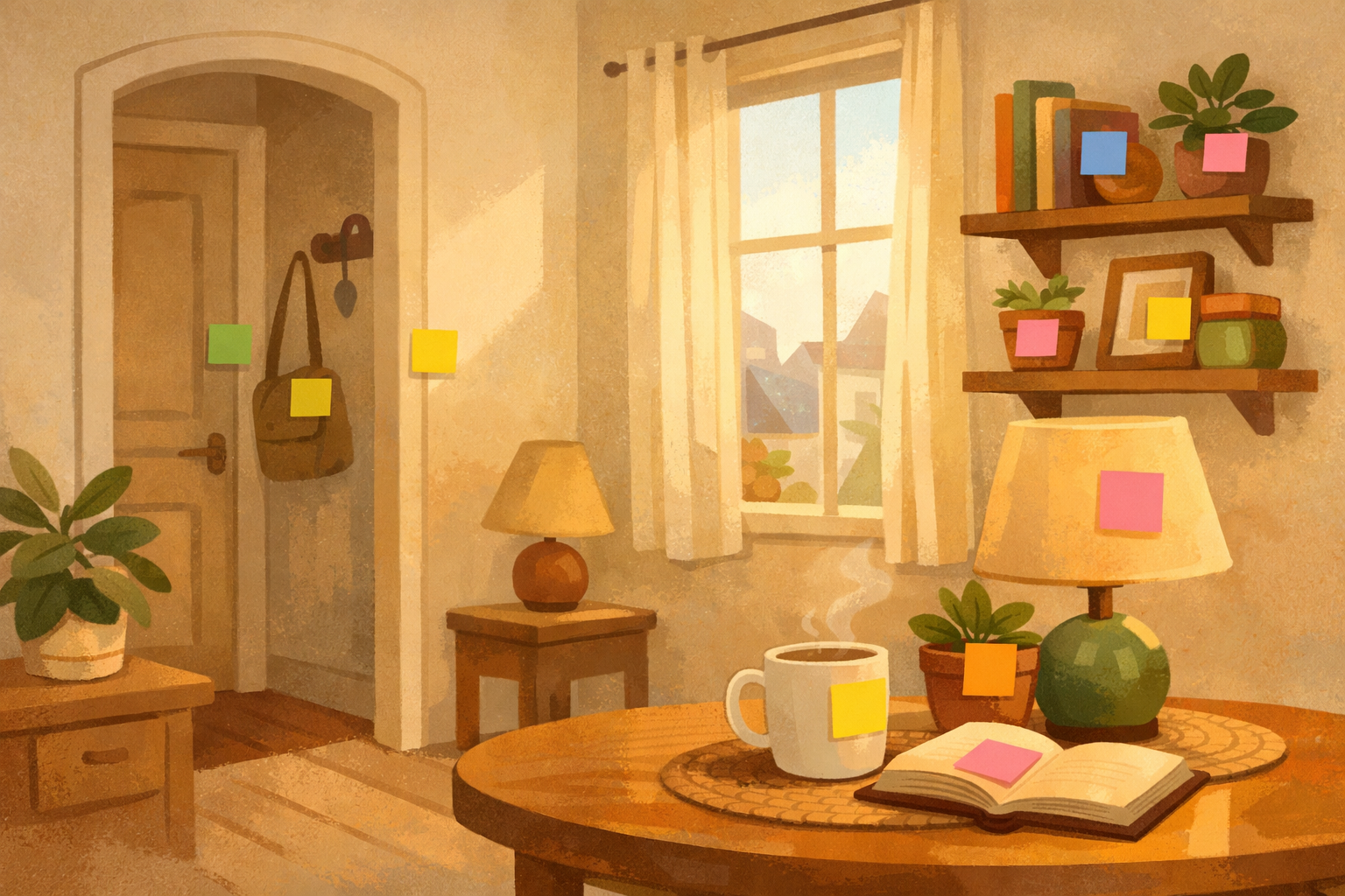 A bright living room and kitchen scene with colorful blank notes on common objects like the door, window, chair, and cup.