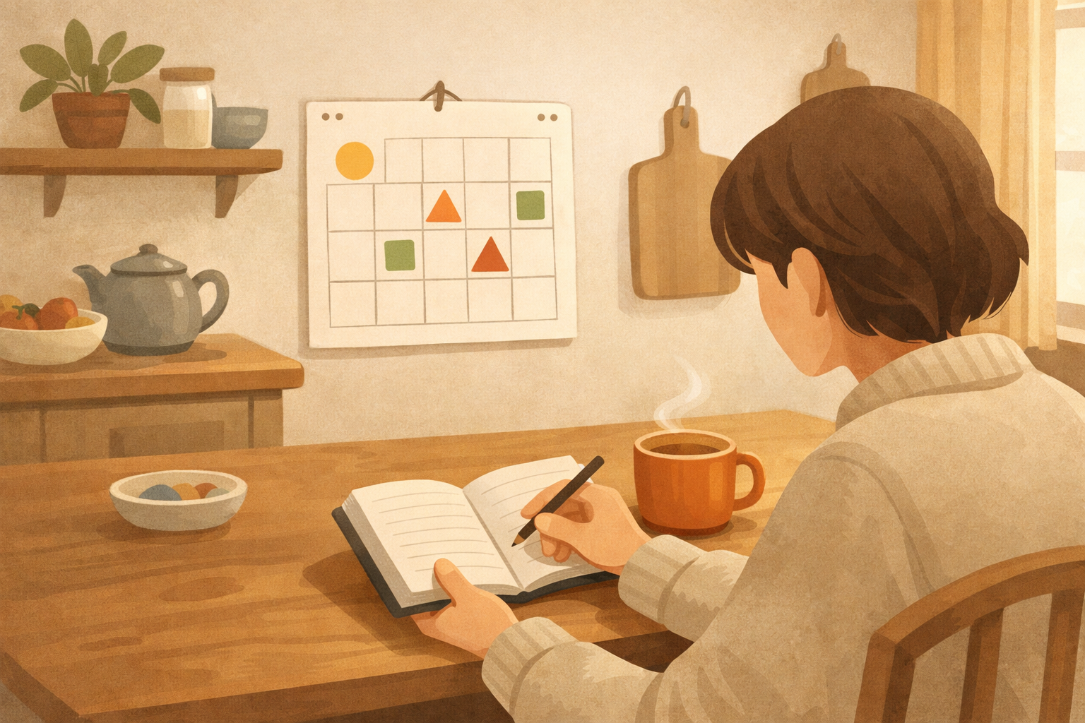 A person at a table planning practice time with a notebook and a simple calendar on the wall.