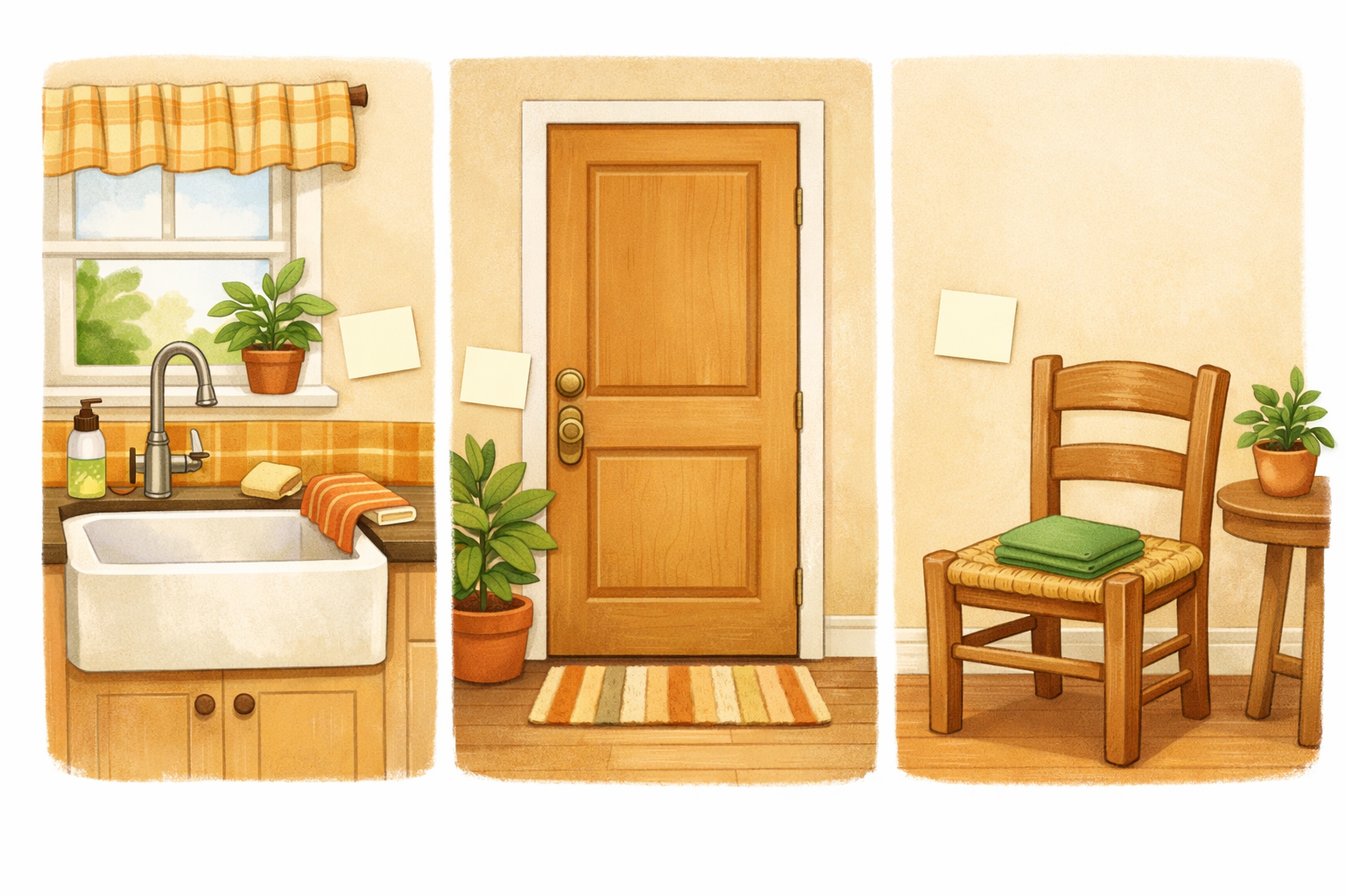 Blank notes near a sink, door, and chair to represent action words for daily tasks.