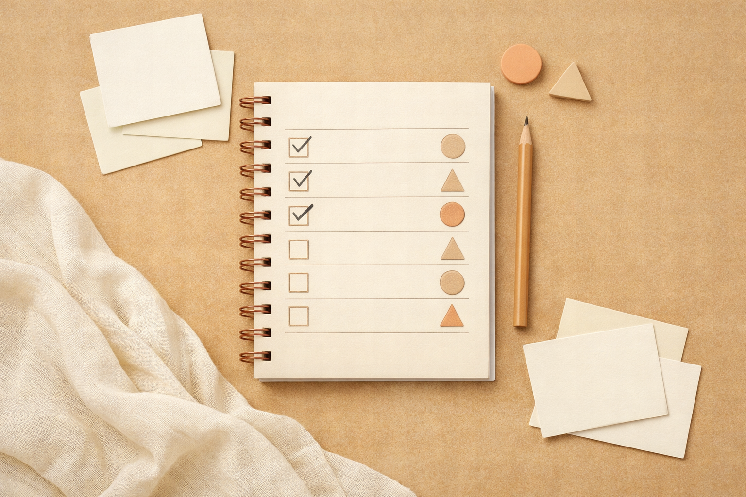 A tidy checklist, a cloth for cleaning residue, and a few blank notes that were removed.