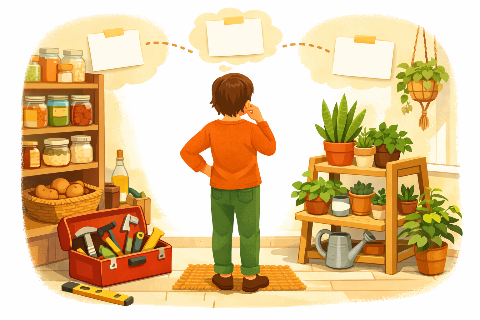 A person planning new labeled items among pantry shelves, tools, and plants.