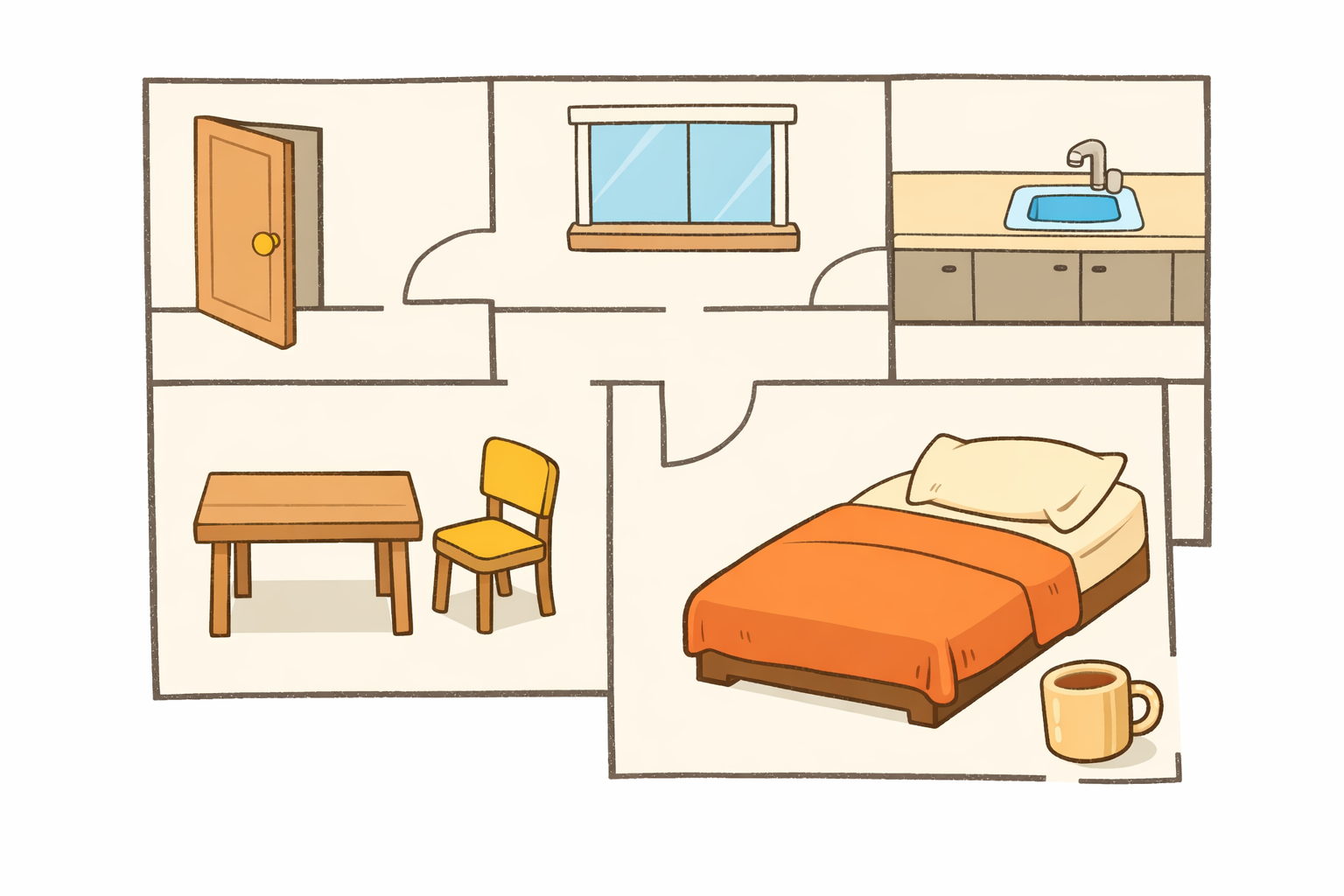 Simple home layout highlighting everyday objects across rooms.