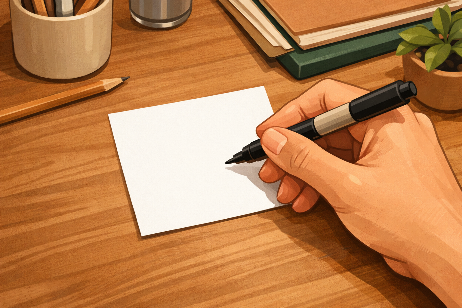 A hand carefully writing on a small blank note with a fine marker.