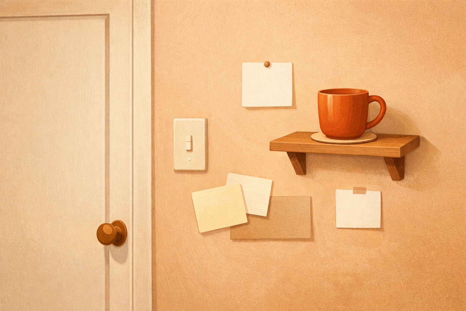 Blank notes placed near a door frame, a light switch, and a cup on a shelf.
