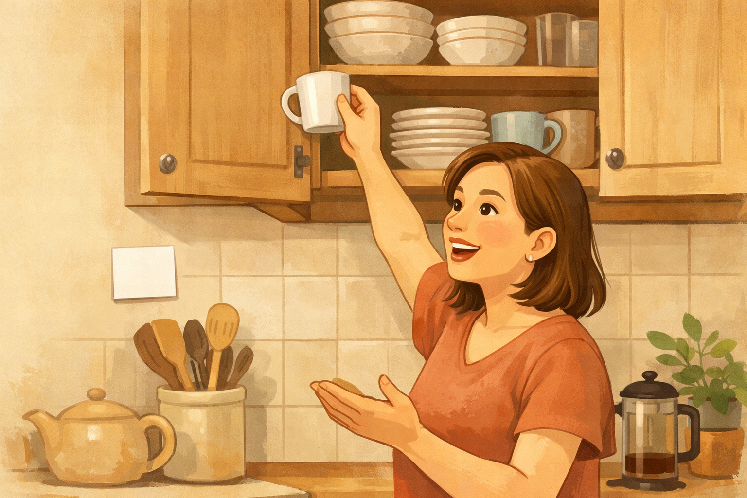 Someone grabbing a cup from a cupboard with a blank note placed nearby.