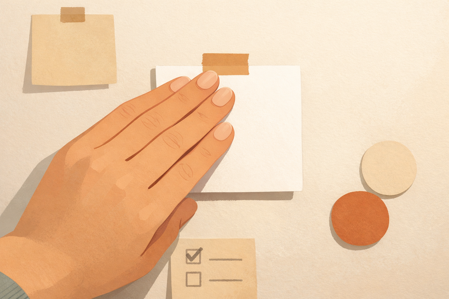 A hand covering a blank note to quiz recall before revealing it.