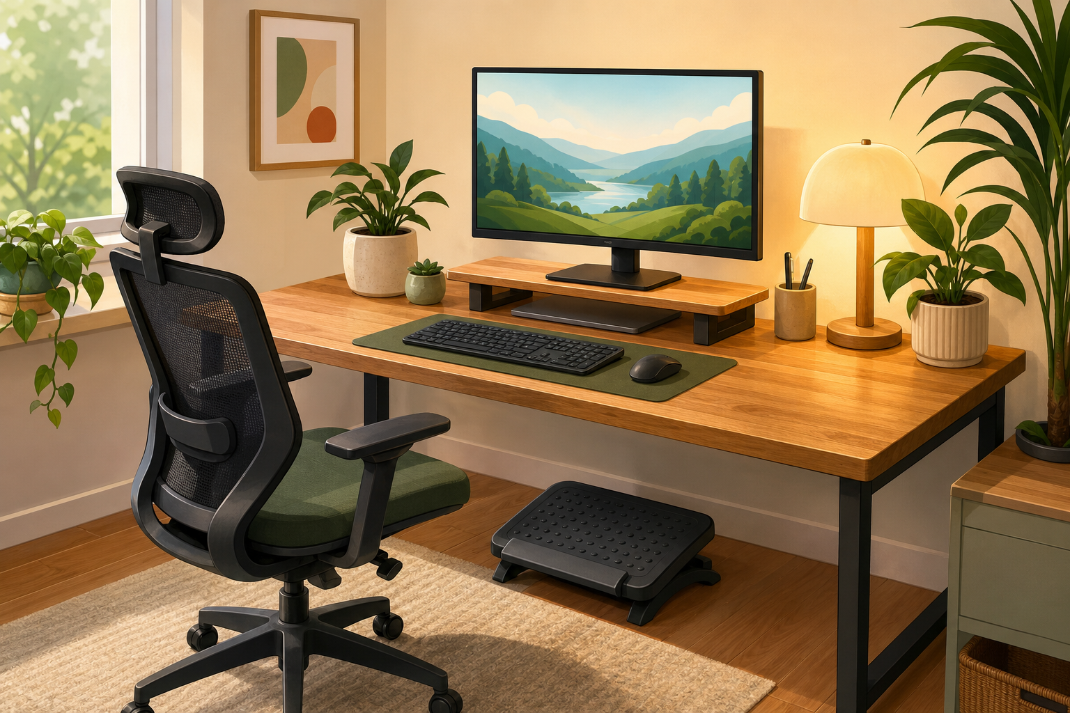 Illustration of a tidy desk with chair, monitor on riser, keyboard and mouse in alignment, and a small footrest under the desk.