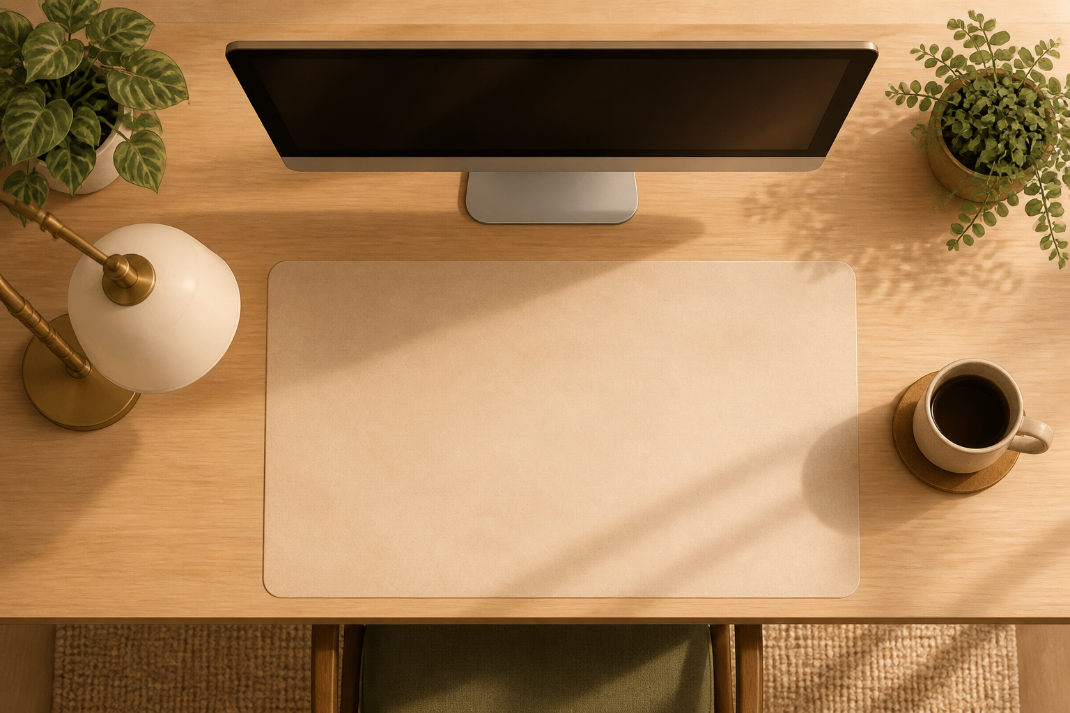 Top-down illustration of a desk with a clear central work area, monitor centered, and a lamp and cup placed to the sides.