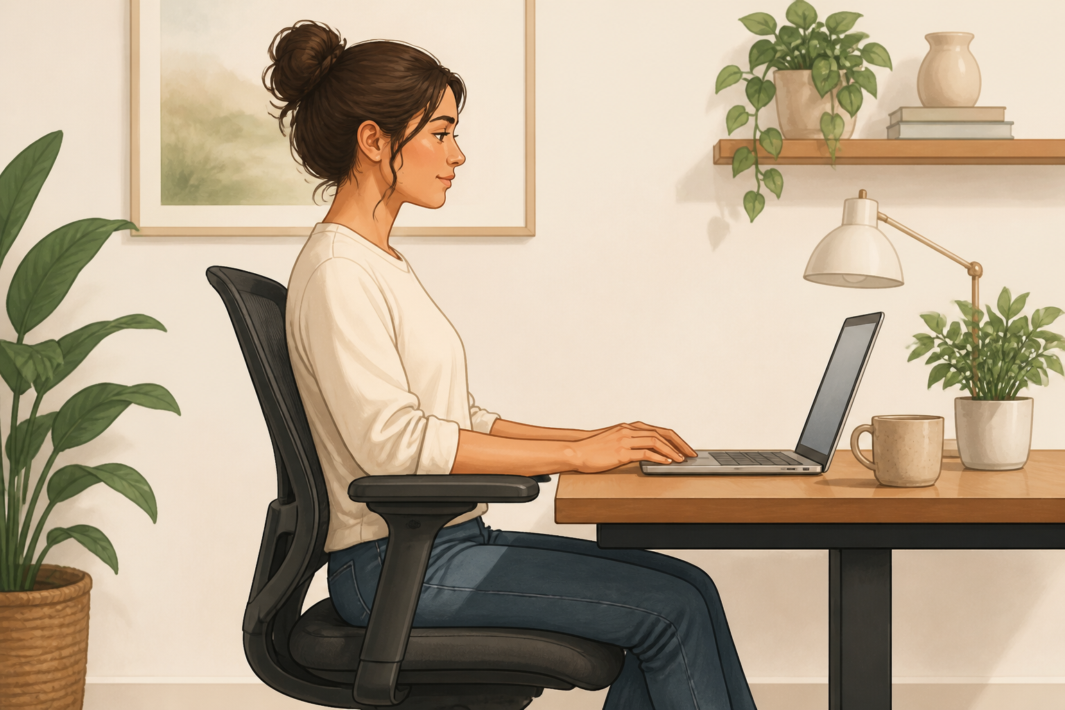 Side illustration of a person sitting with armrests supporting their elbows at a comfortable height and the torso close to the desk.