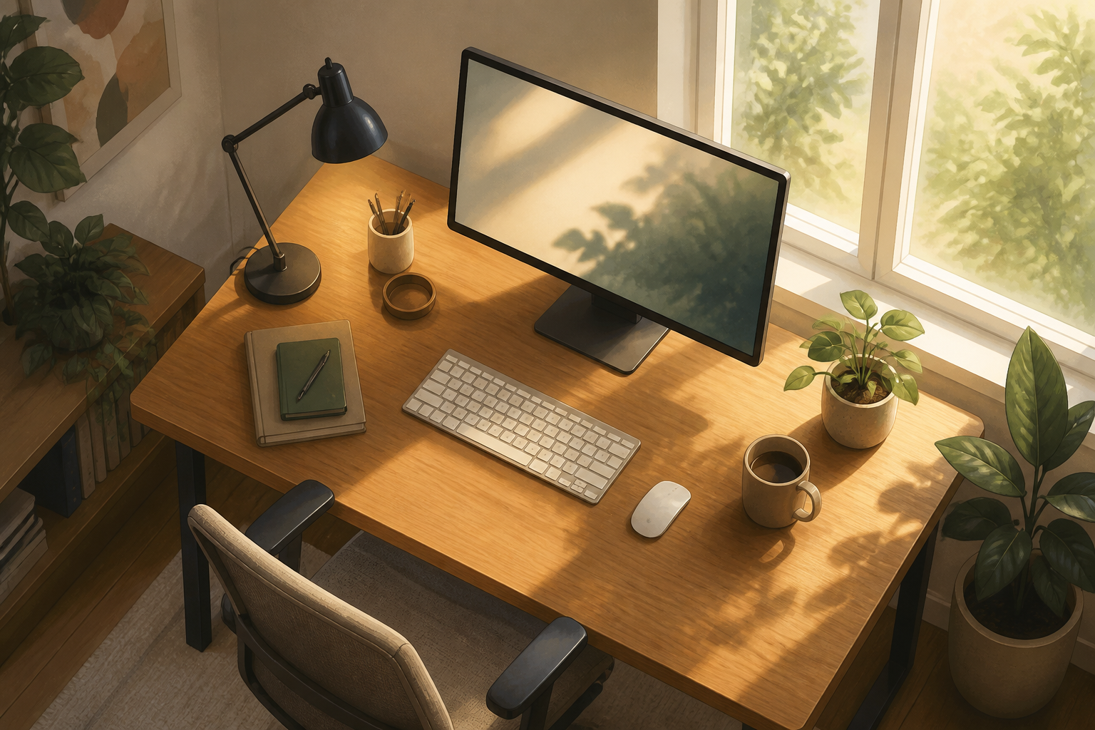 Angled top illustration of a desk near a window with a side lamp and the monitor angled to avoid direct glare.