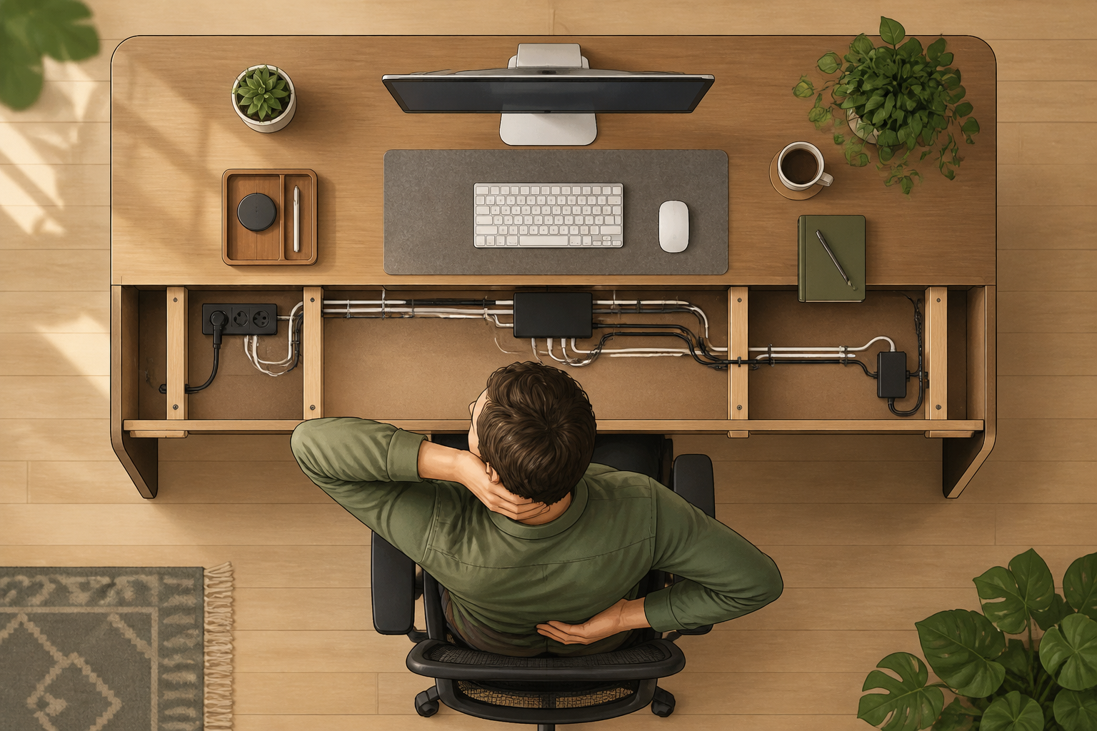 Top-down illustration of a tidy desk with cables routed neatly under the desk and a person sitting checking their posture.