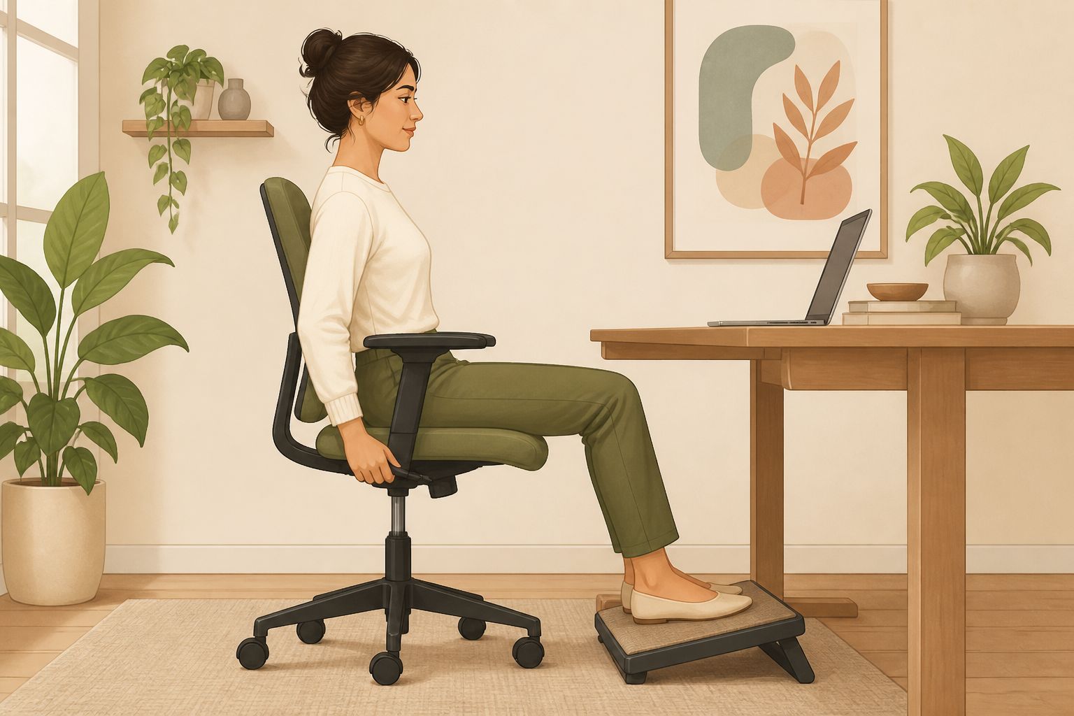 Side illustration of a person sitting with feet flat and knees at a right angle, and an optional footrest under the feet.