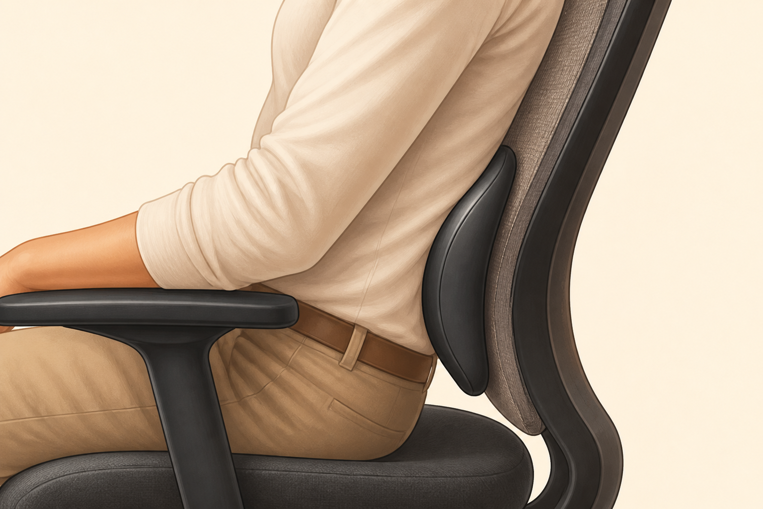 Close-up side illustration of lumbar support gently contacting the lower back of a seated person.