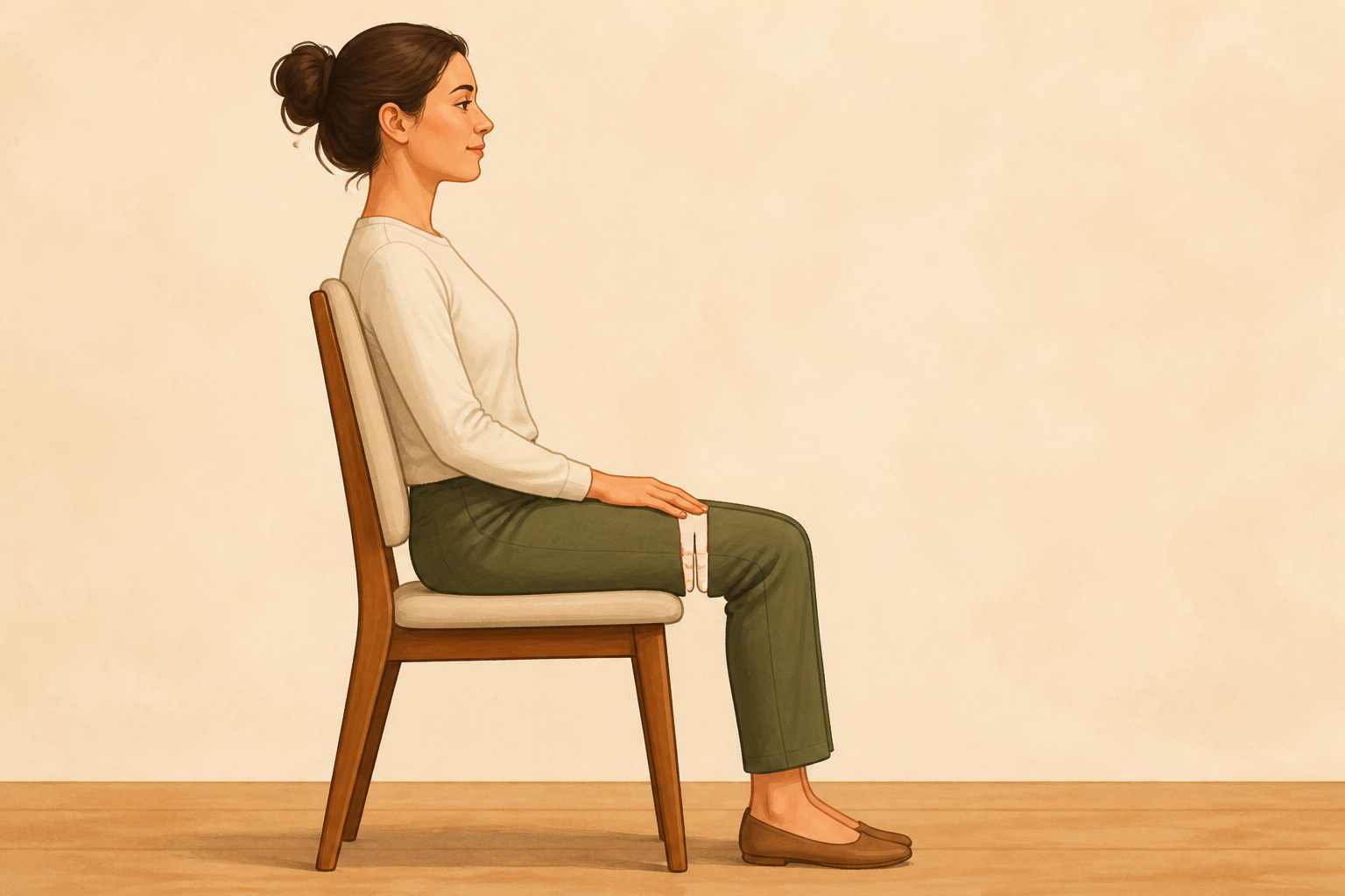 Side illustration of a seated person with a small gap of two finger-widths between the seat edge and the back of the knees.