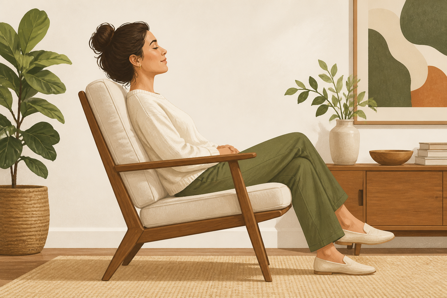 Side illustration of a person seated with the chair back slightly reclined to a relaxed angle.
