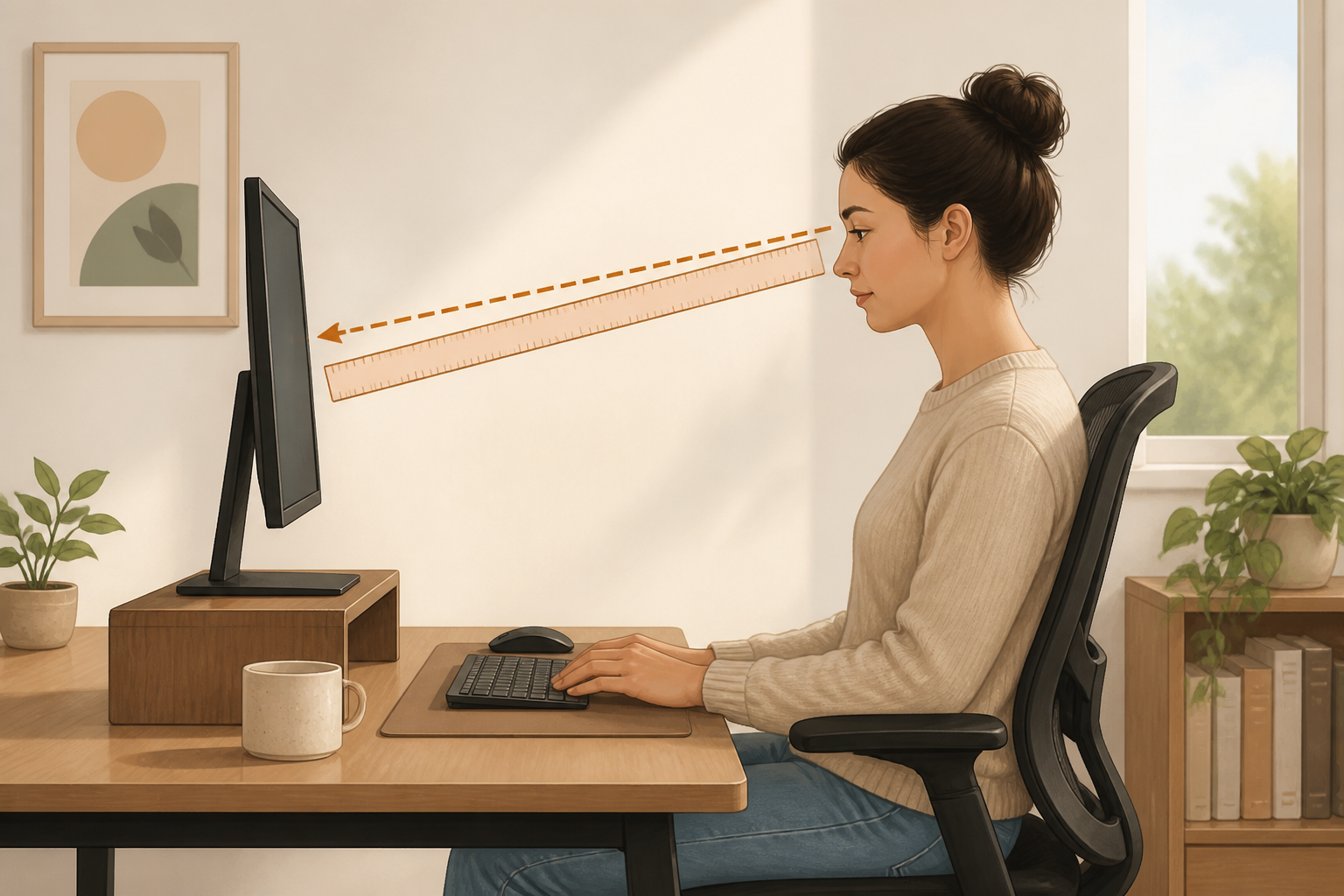 Side illustration of a monitor raised on a riser with a person looking slightly downward at the screen from about arm's length.
