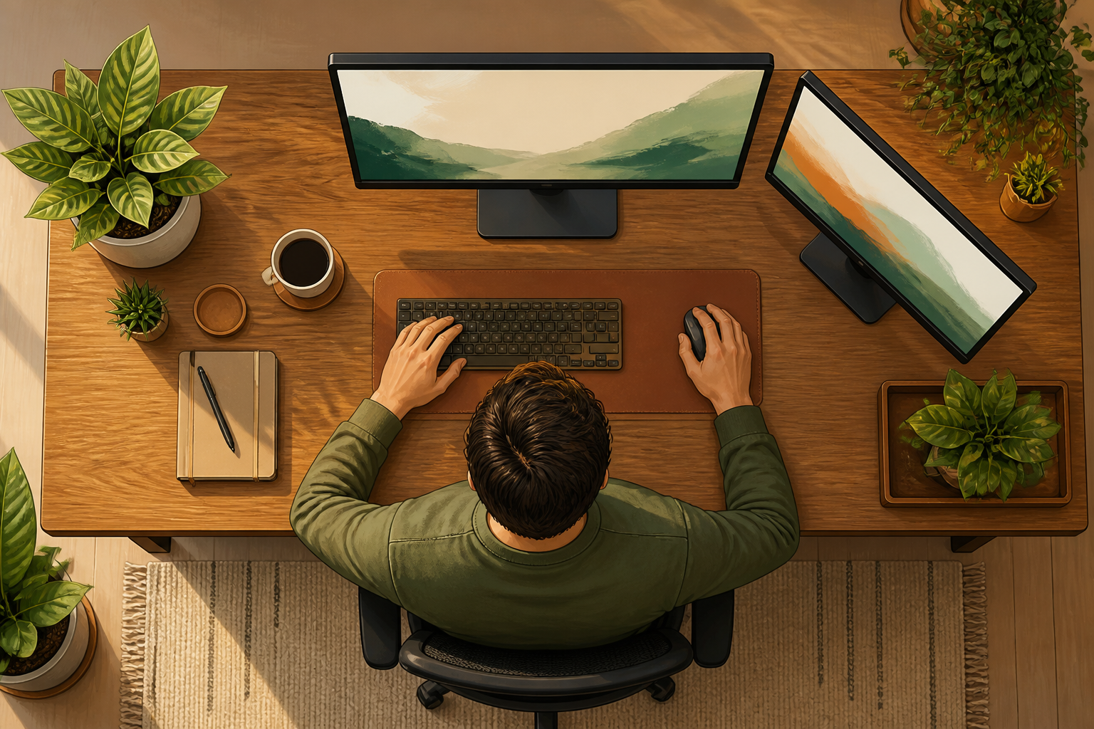 Top-down illustration of a desk with a centered primary monitor and a secondary monitor angled inward beside it.