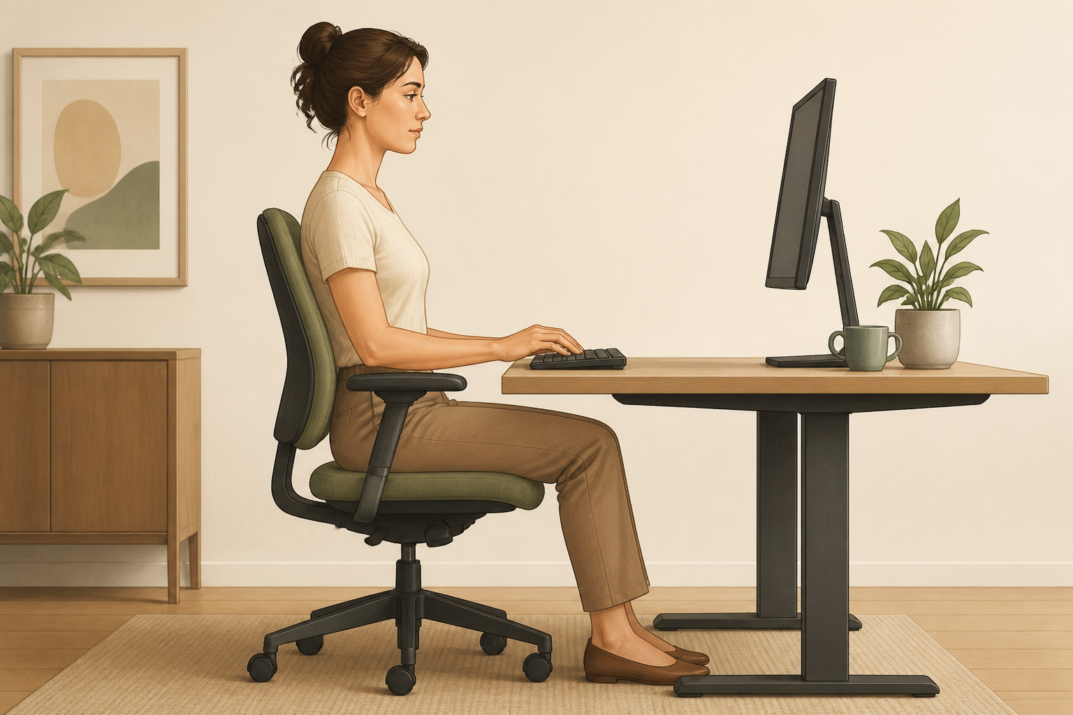 Side illustration of a person typing with their forearms parallel to the floor and elbows at a right angle.