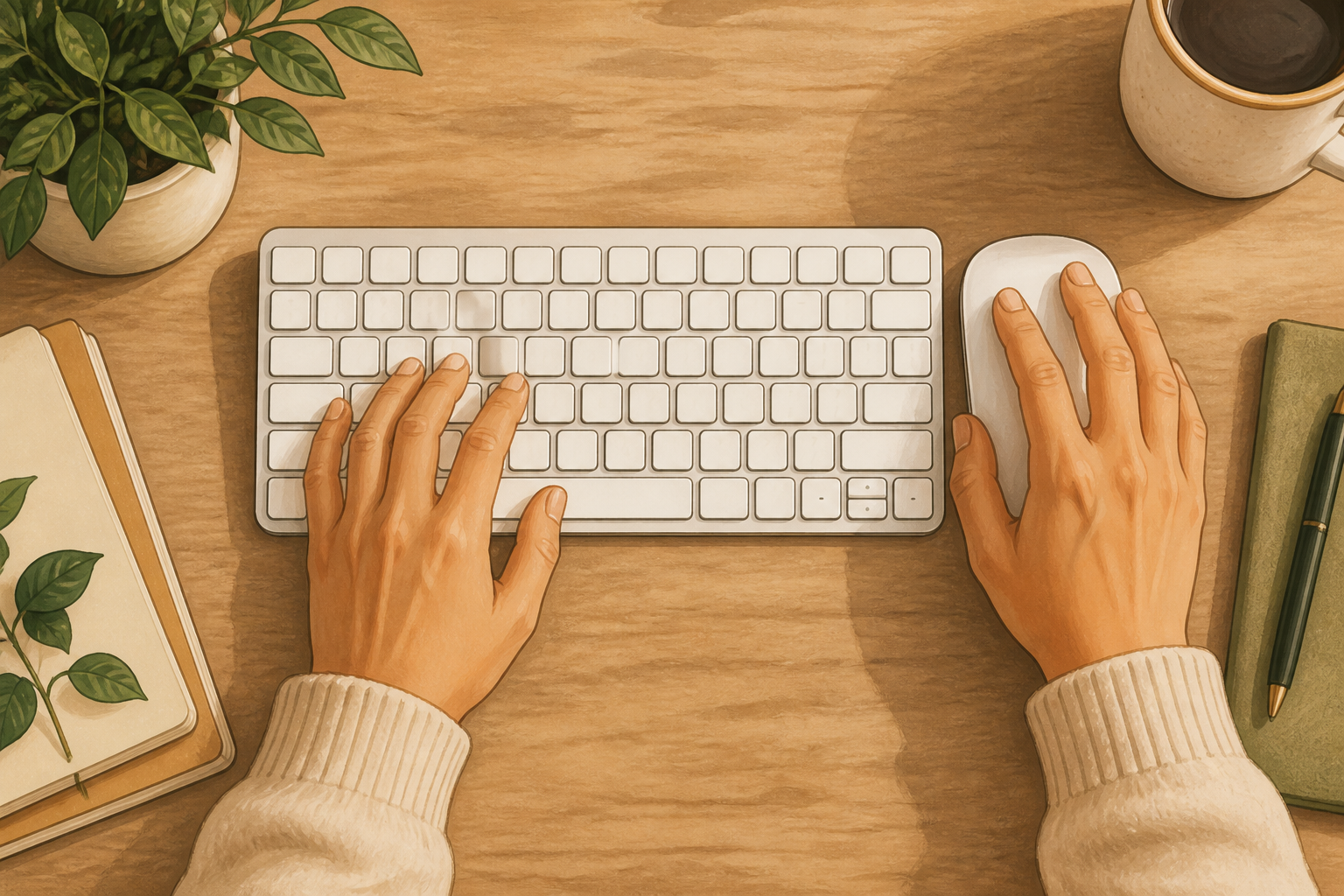 Top-down illustration of a keyboard and mouse placed close together with hands positioned above them.