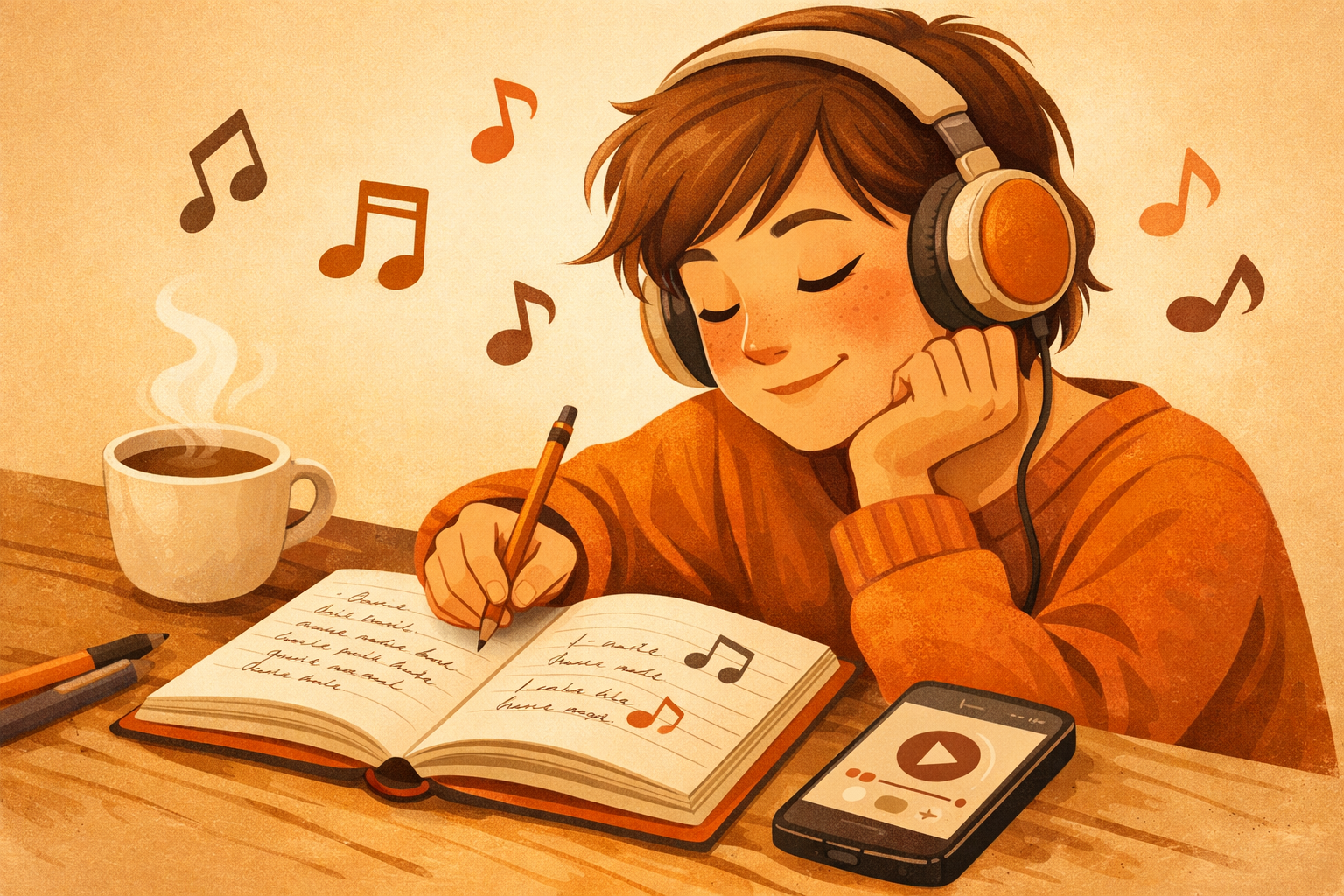 Person wearing headphones studying song lyrics in a notebook while listening on a phone, with musical notes around them.