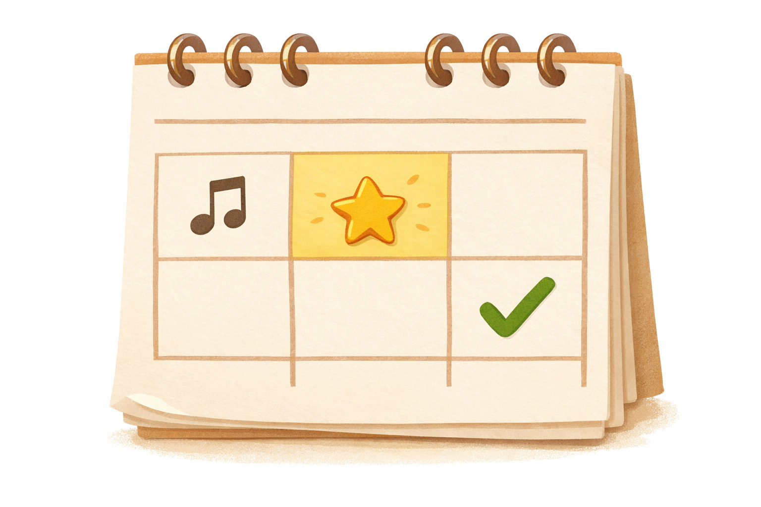 Simple calendar with a starred goal next to a music note and a checkmark.
