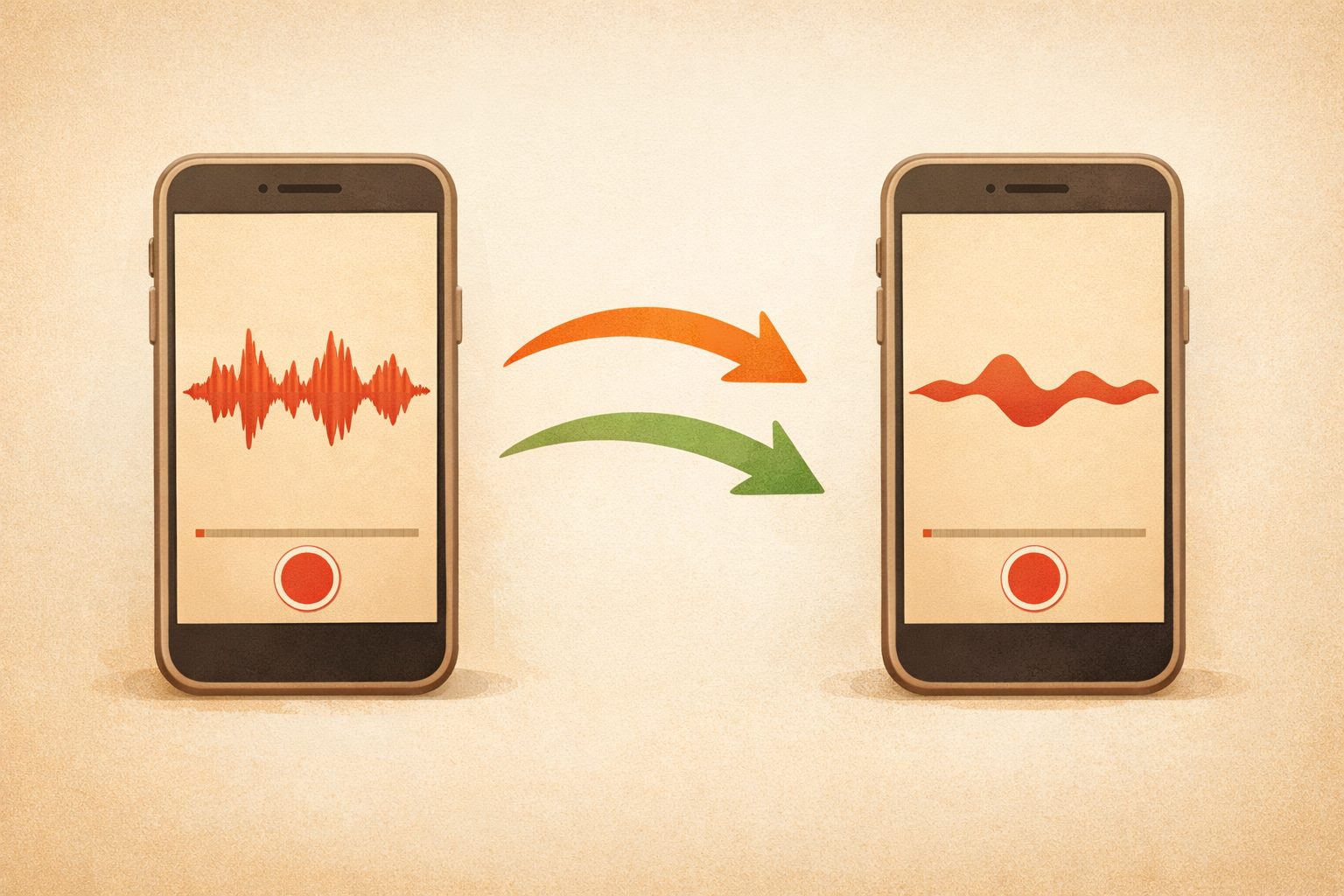 Two waveforms on a phone, one rough and one smooth, being compared.